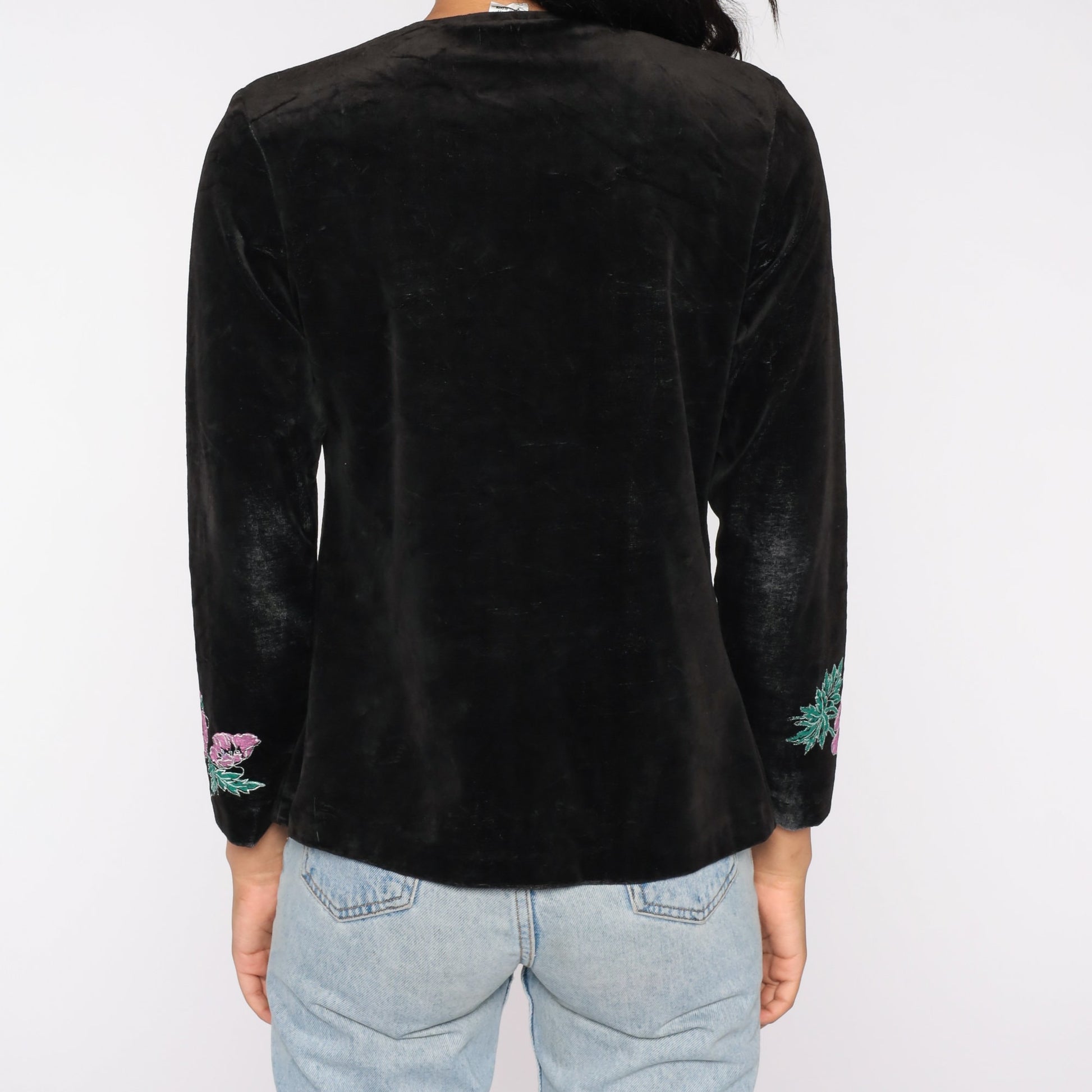 80s Black Velvet Floral Embroidered Open Front Blazer Small