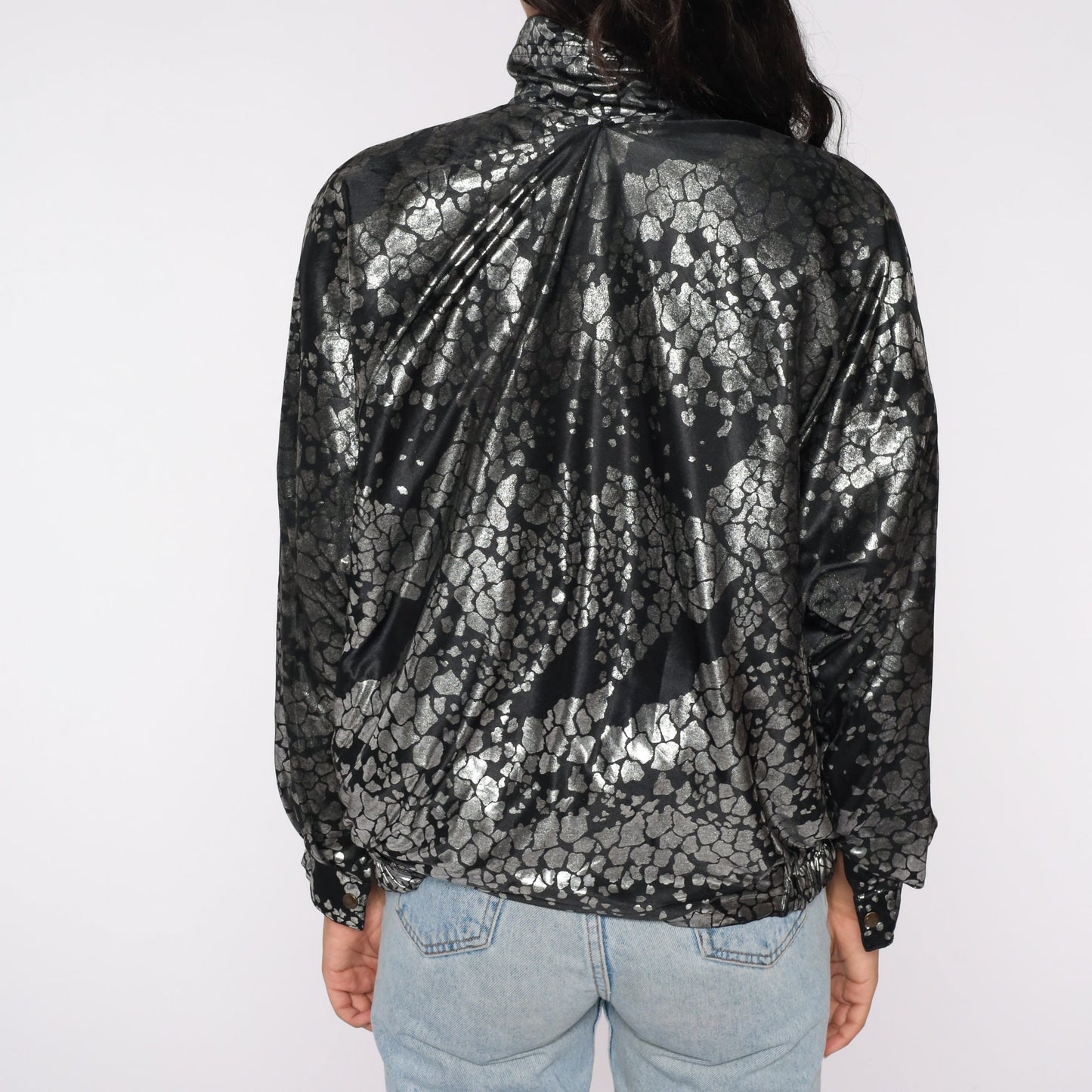 90s Reversible Windbreaker Black Metallic Silver Abstract Zip Bomber Large L