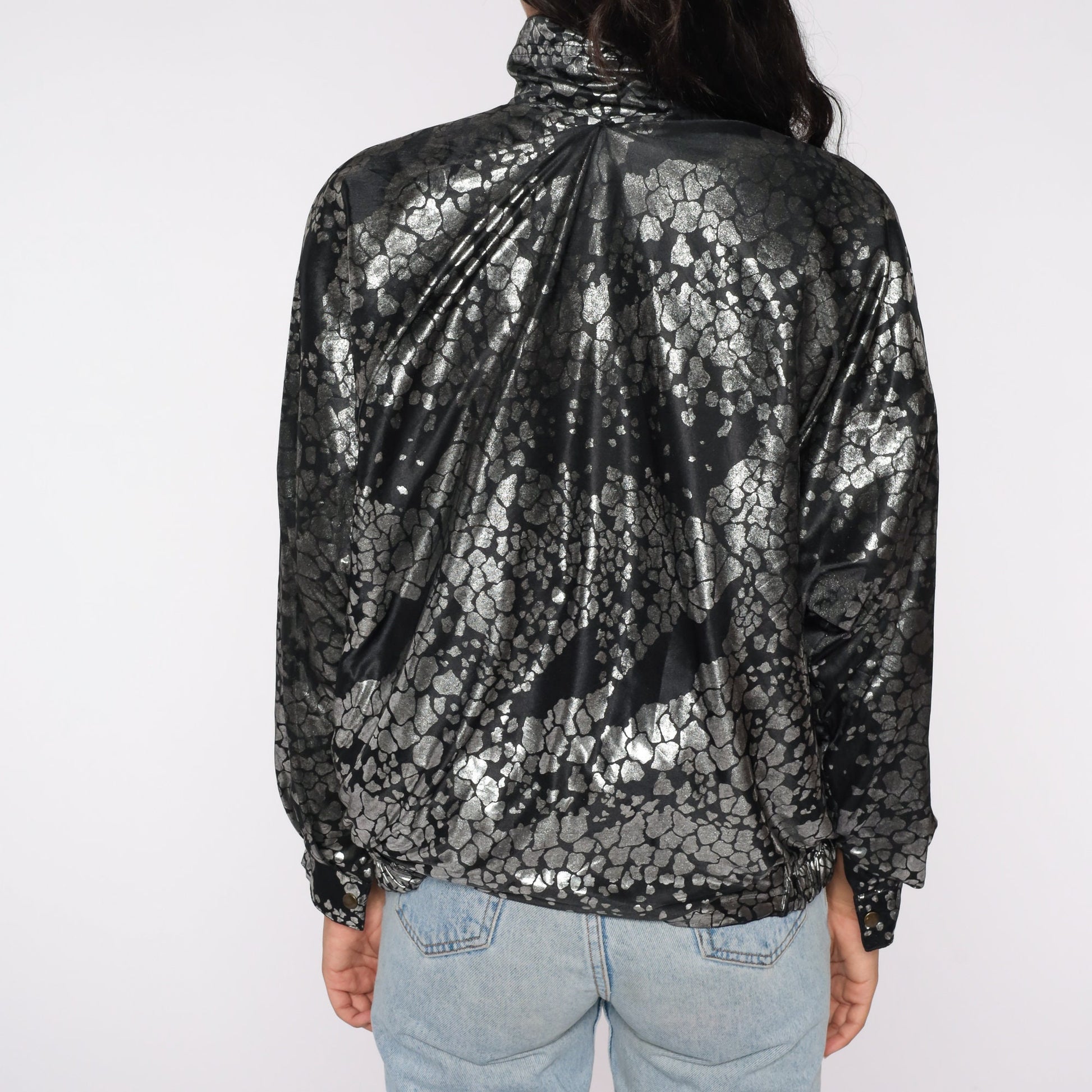 90s Reversible Windbreaker Black Metallic Silver Abstract Zip Bomber Large L
