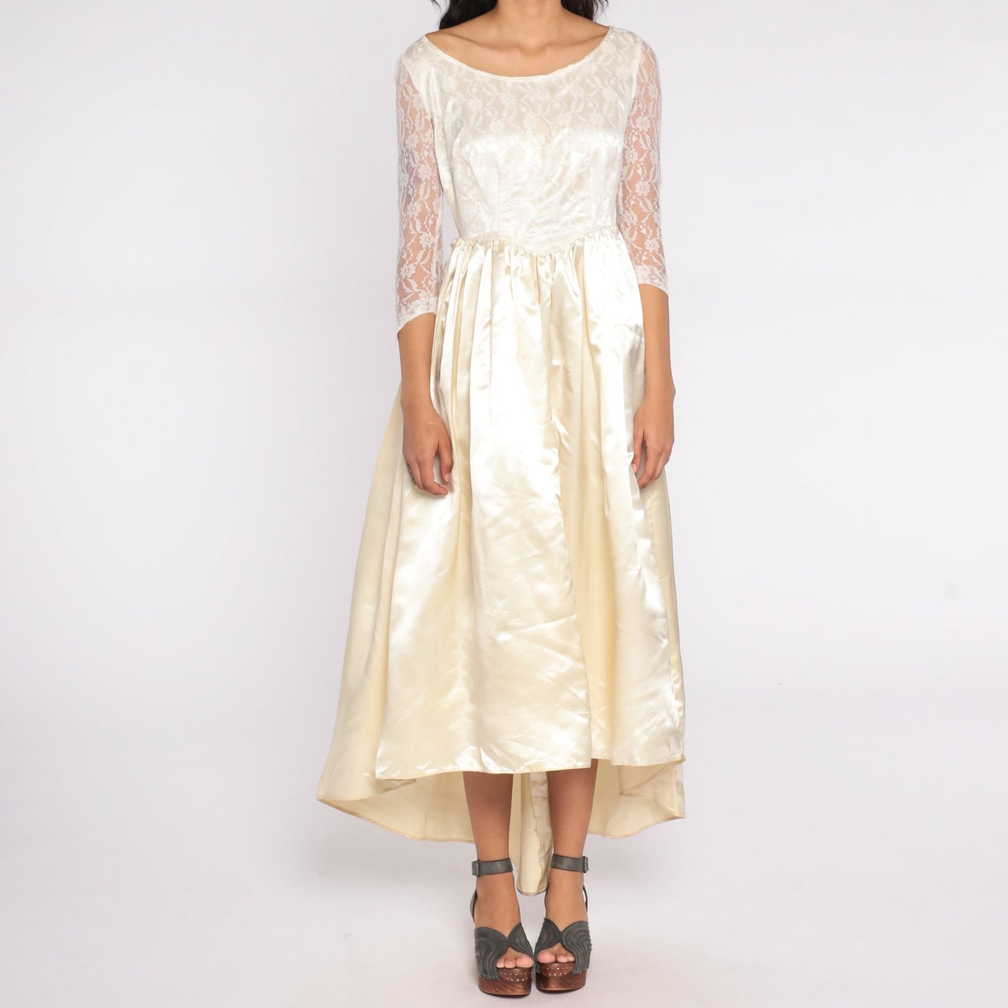 1960s Cream Lace Wedding Dress Basque Waist Maxi Small