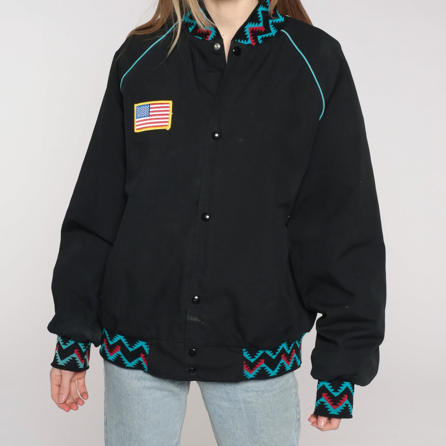 80s Rock N Country Snap Jacket Black Aztec Graphic Unisex Large