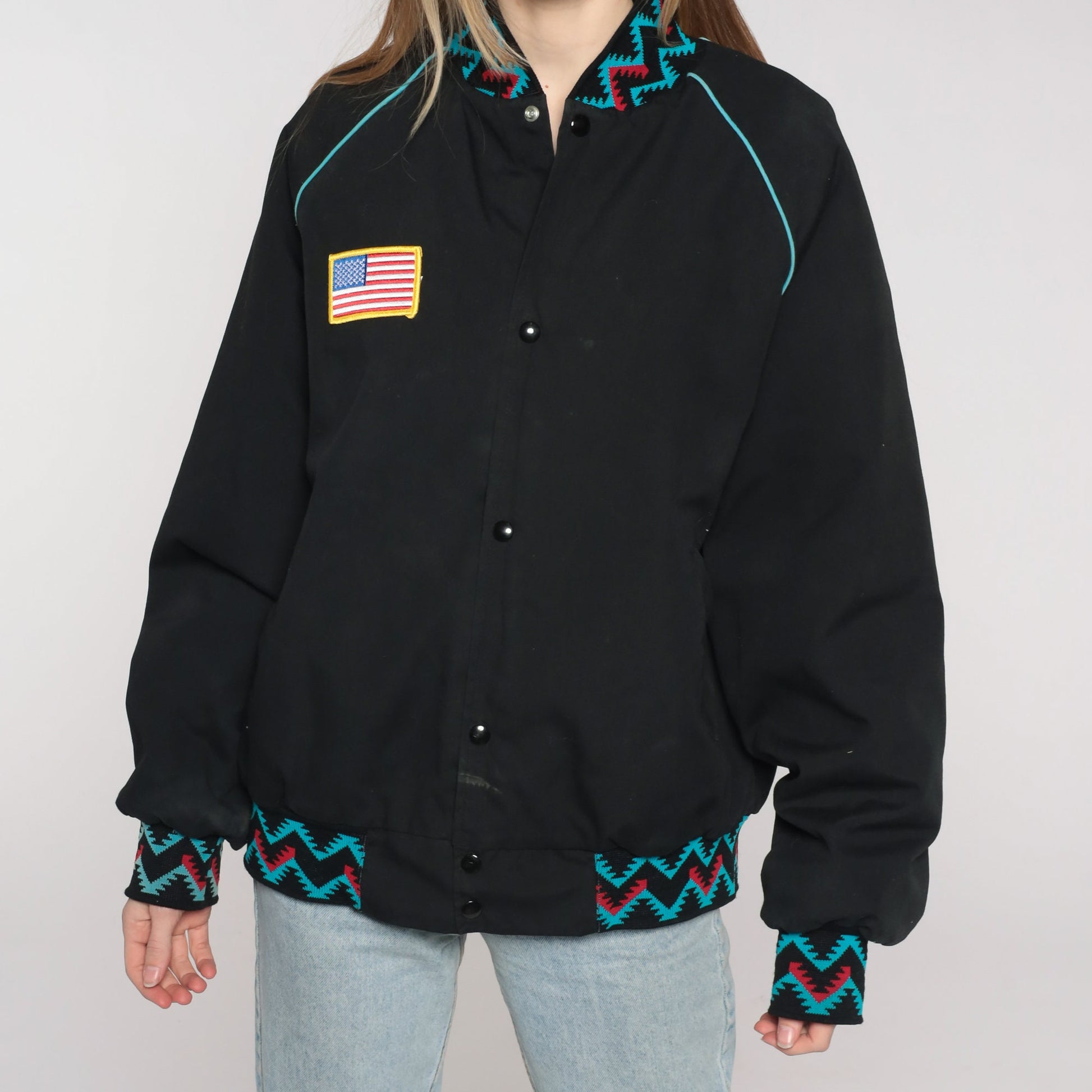 80s Rock N Country Snap Jacket Black Aztec Graphic Unisex Large