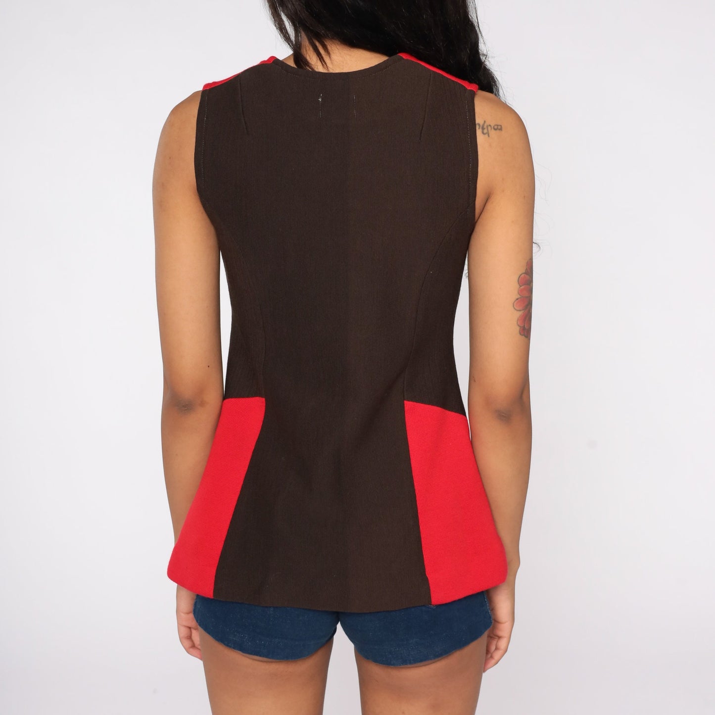 60s Mod Color Block Tank Top Zip Front Red Black Sleeveless Small