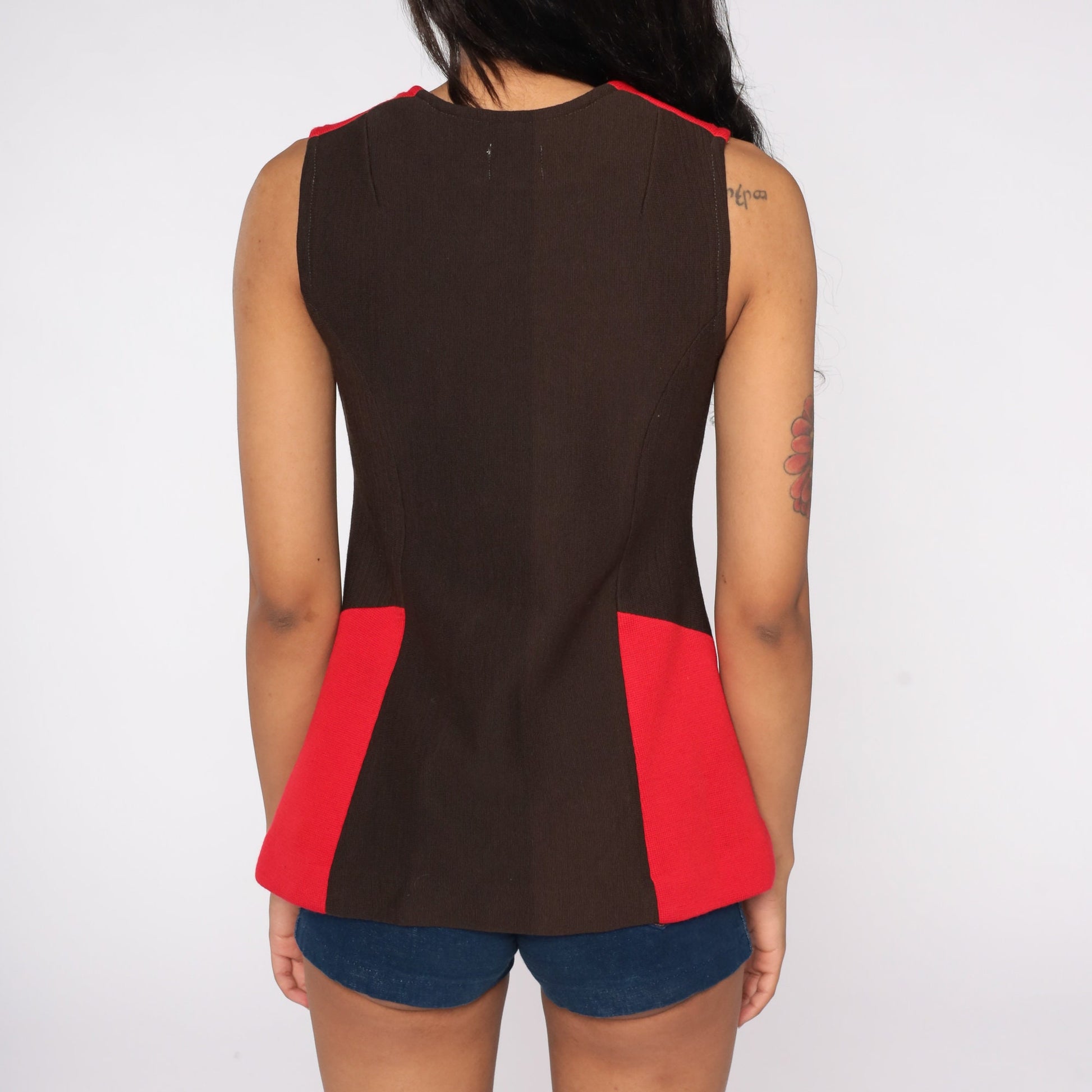 60s Mod Color Block Tank Top Zip Front Red Black Sleeveless Small