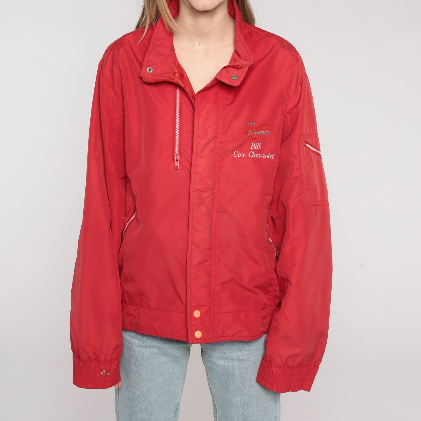 80s Cox Chevrolet Nylon Jacket Bill Embroidered Red Windbreaker Men's Large