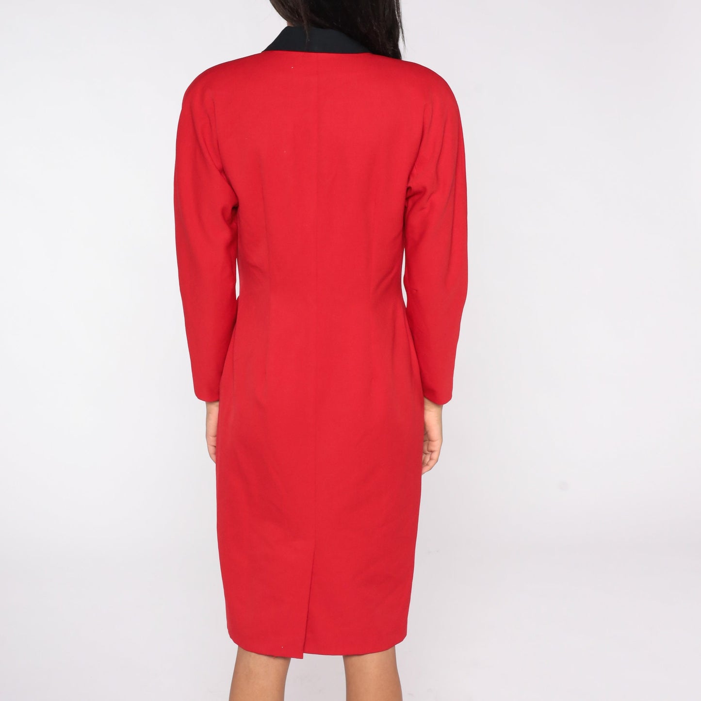 80s Red Wool Wrap Dress High Waist V Neck Midi Long Sleeve Medium 8