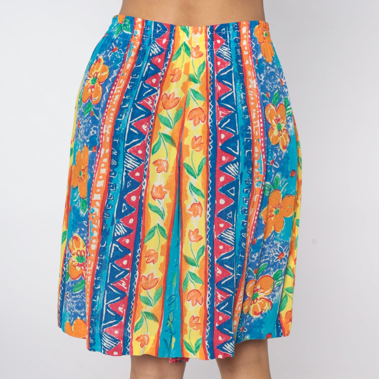 80s Floral High-Waist Shorts Tropical Print Elastic Waist Large L