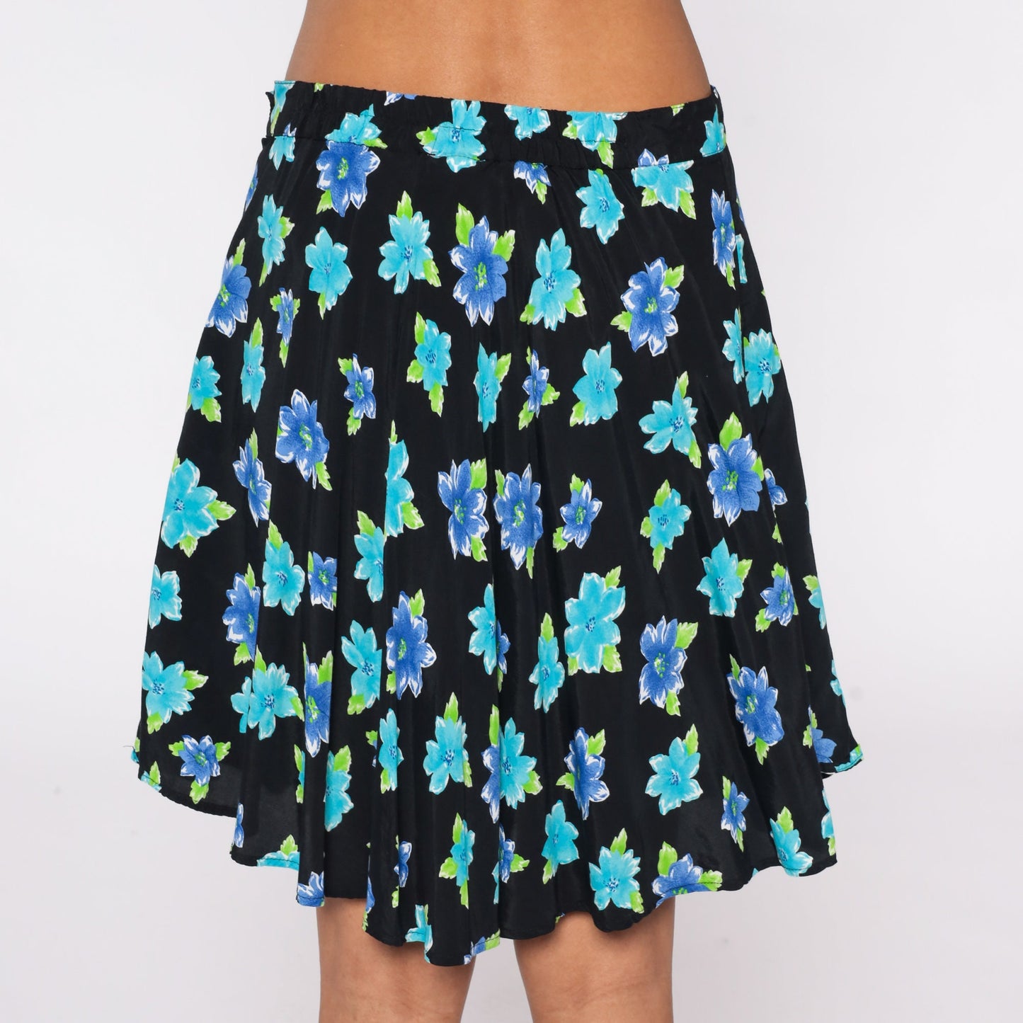 90s Floral Mini Skirt Black Blue Flower Print Rayon Medium