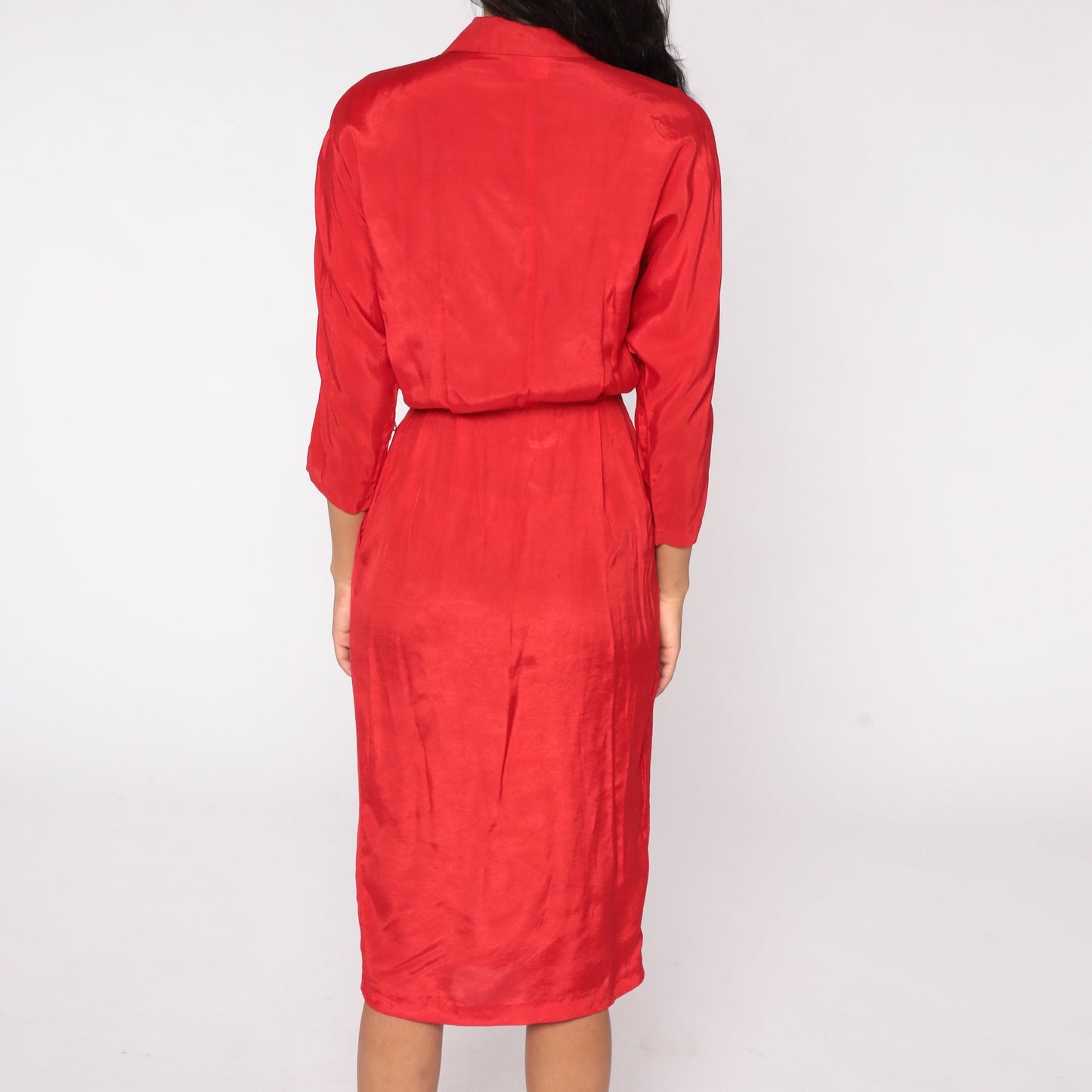 80s All That Jazz Red Wrap Midi Dress High Waist V Neck 3/4 Sleeve Medium