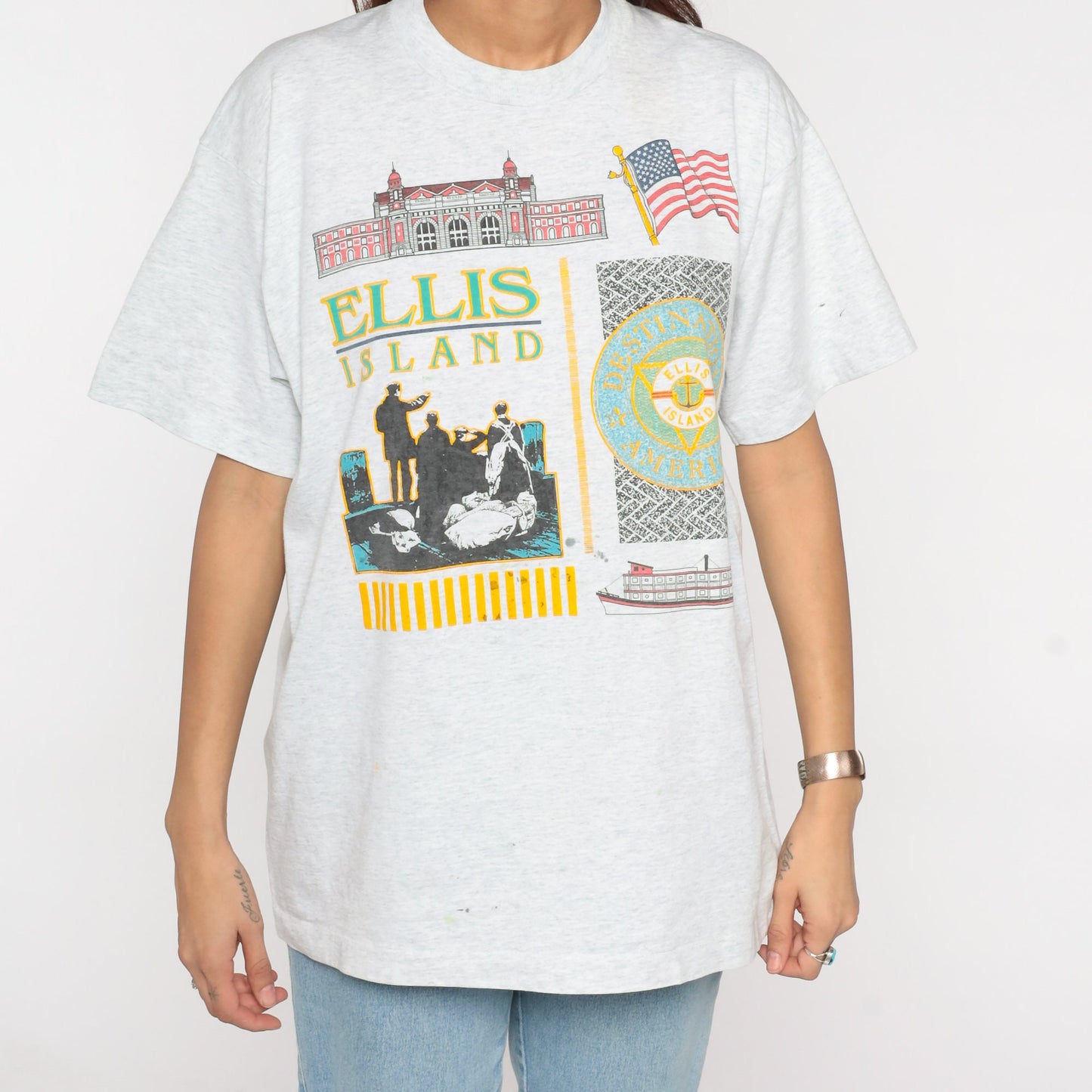 90s Ellis Island New York Graphic T-Shirt Light Heather Grey Extra Large XL