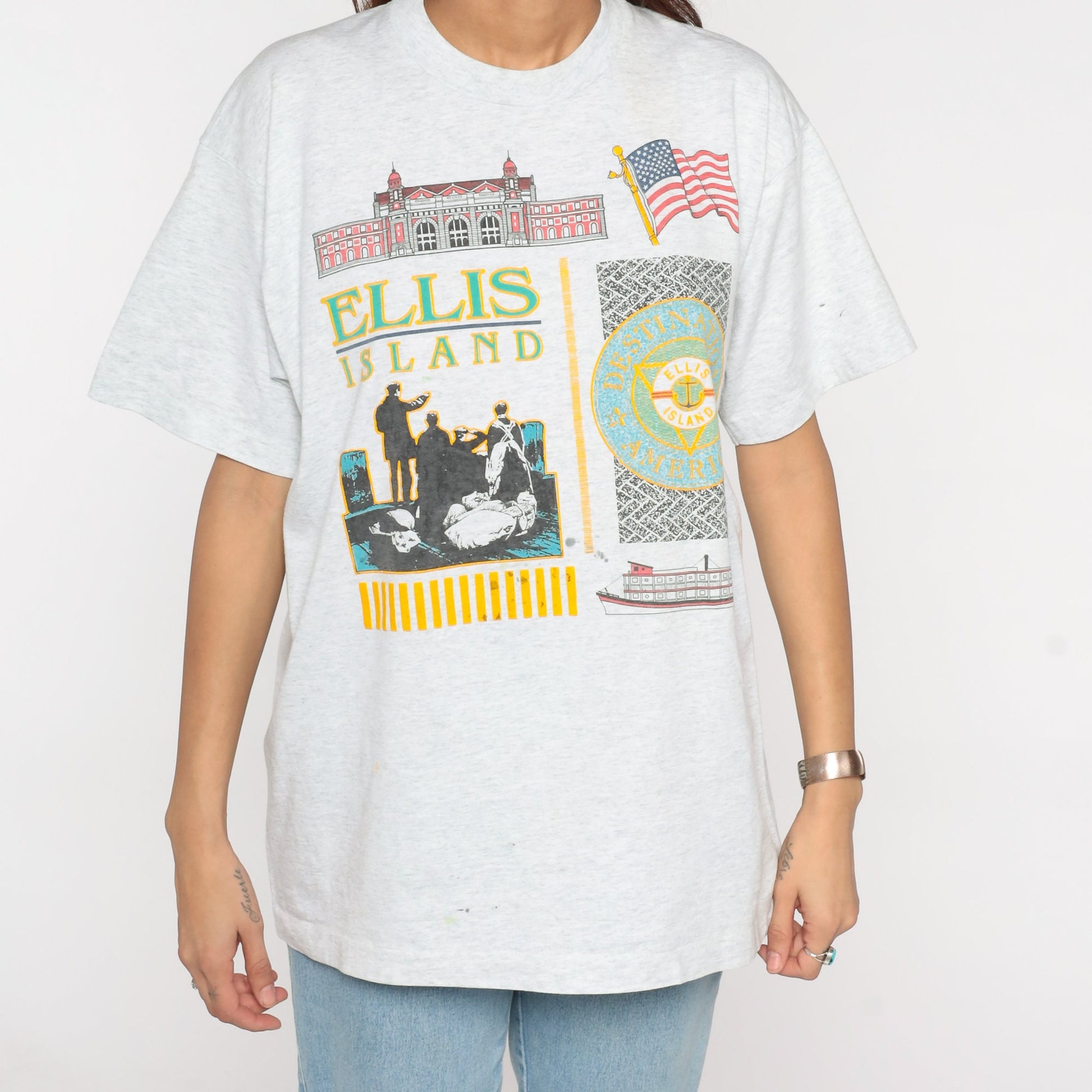90s Ellis Island New York Graphic T-Shirt Light Heather Grey Extra Large XL