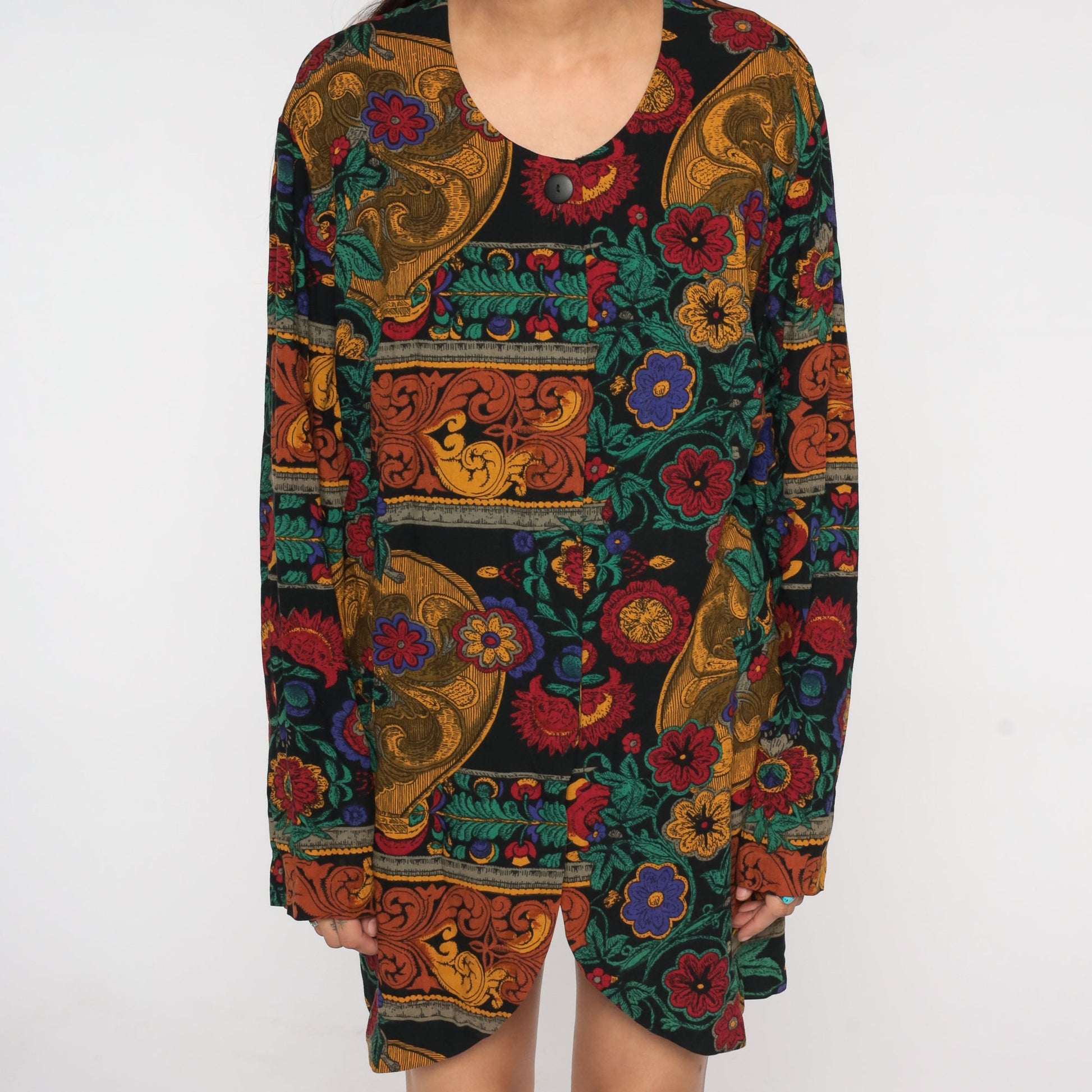 90s Dark Floral Rayon Blouse Long Sleeve Front Slit Tunic Large L