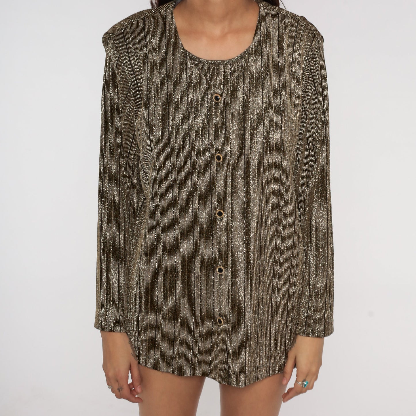 80s Metallic Bronze Cardigan Set Attached Blouse Sparkly Long Sleeve Button Up Large
