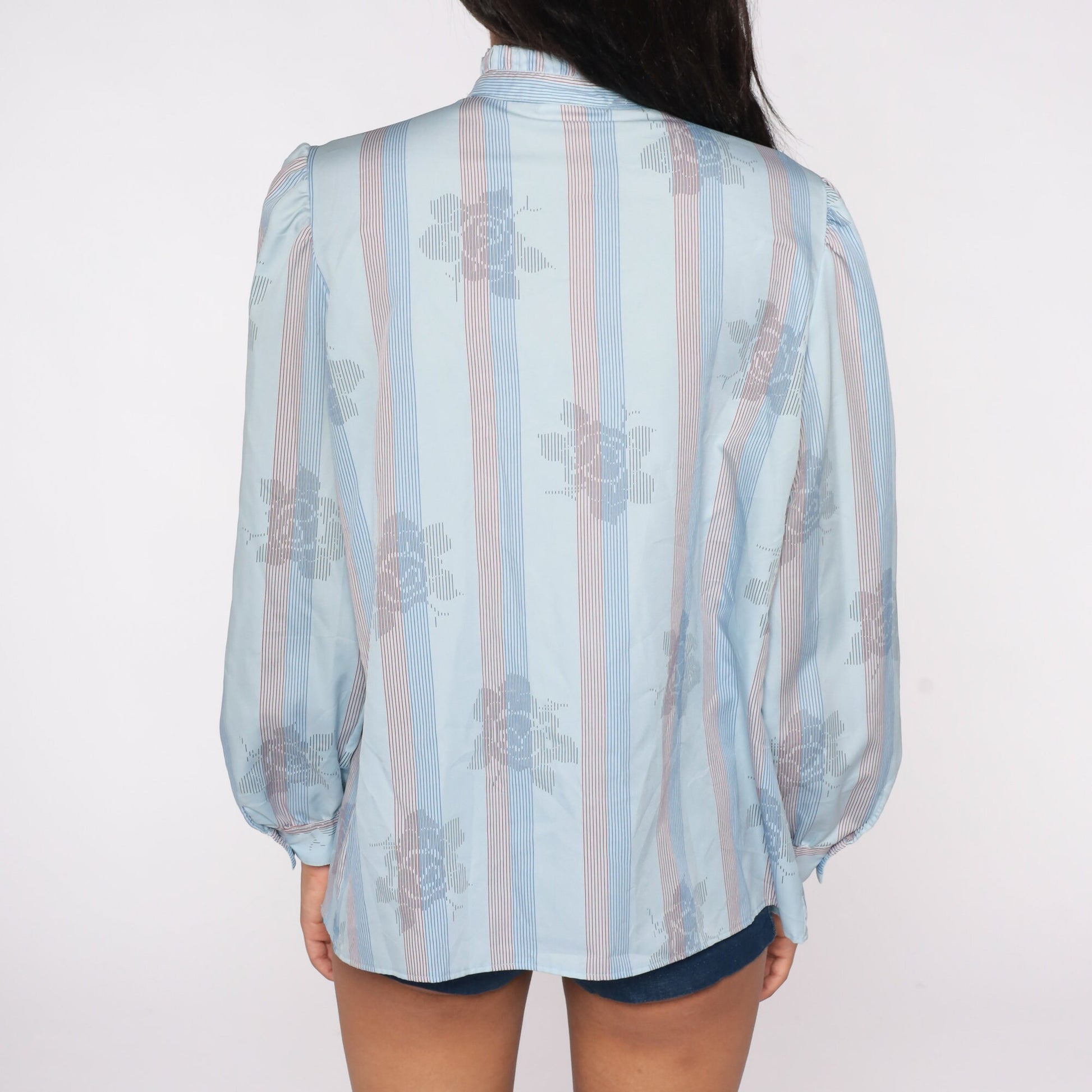 80s Blue Striped Floral Ruffle Neck Blouse Puff Sleeve Button Top Extra Large XL