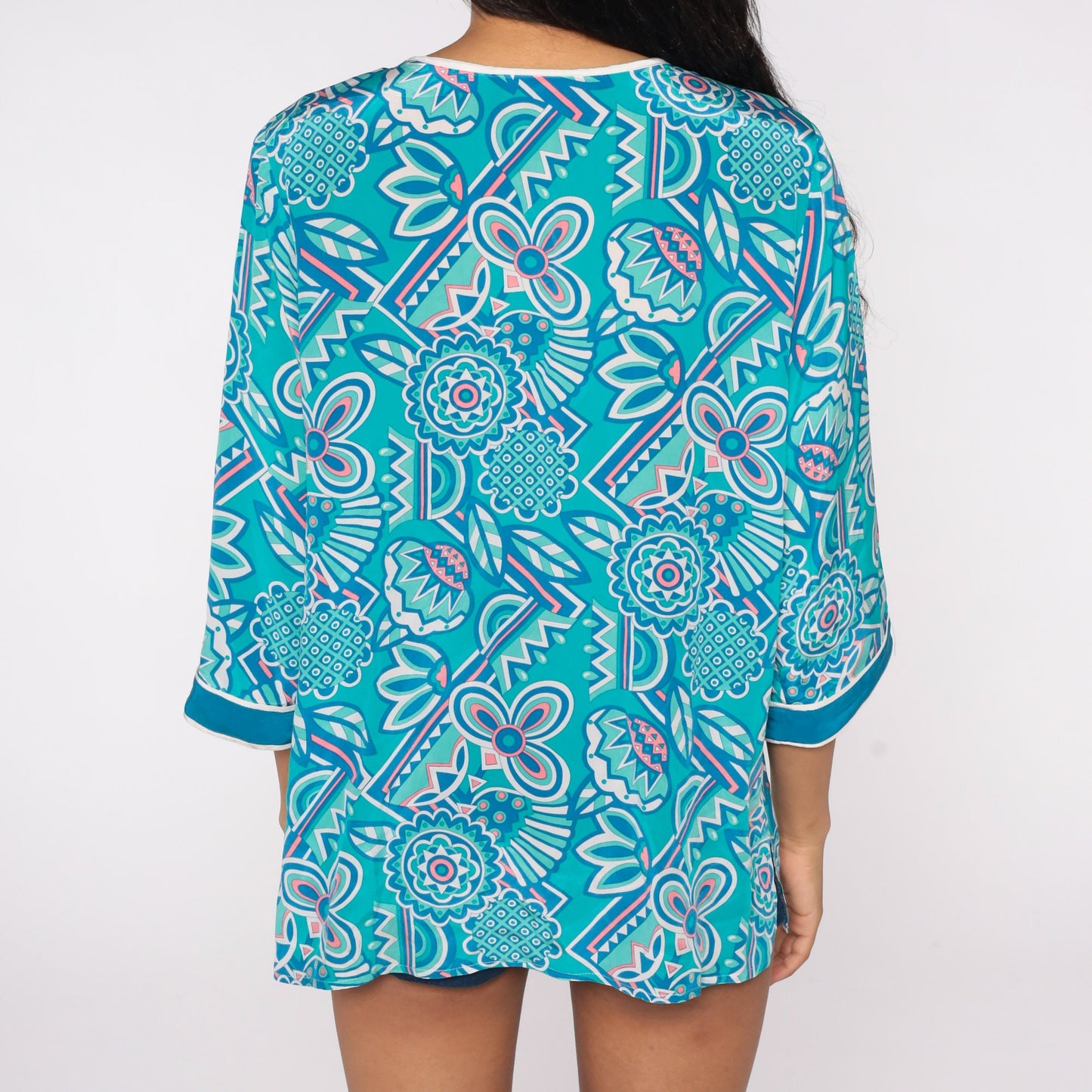 Bob Mackie Silk Floral Blouse 90s Blue Flower Print Button Up 3/4 Sleeve Medium M
