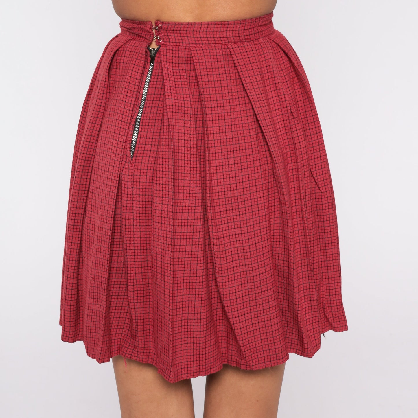 60s Red Checkered Pleated Mini Skirt High Waisted XXS