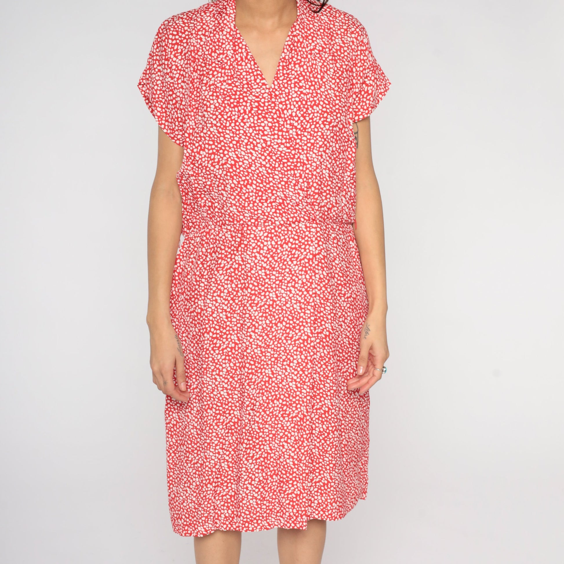 80s All That Jazz Midi Wrap Dress Red Pebble Print Pockets V-Neck Large 14