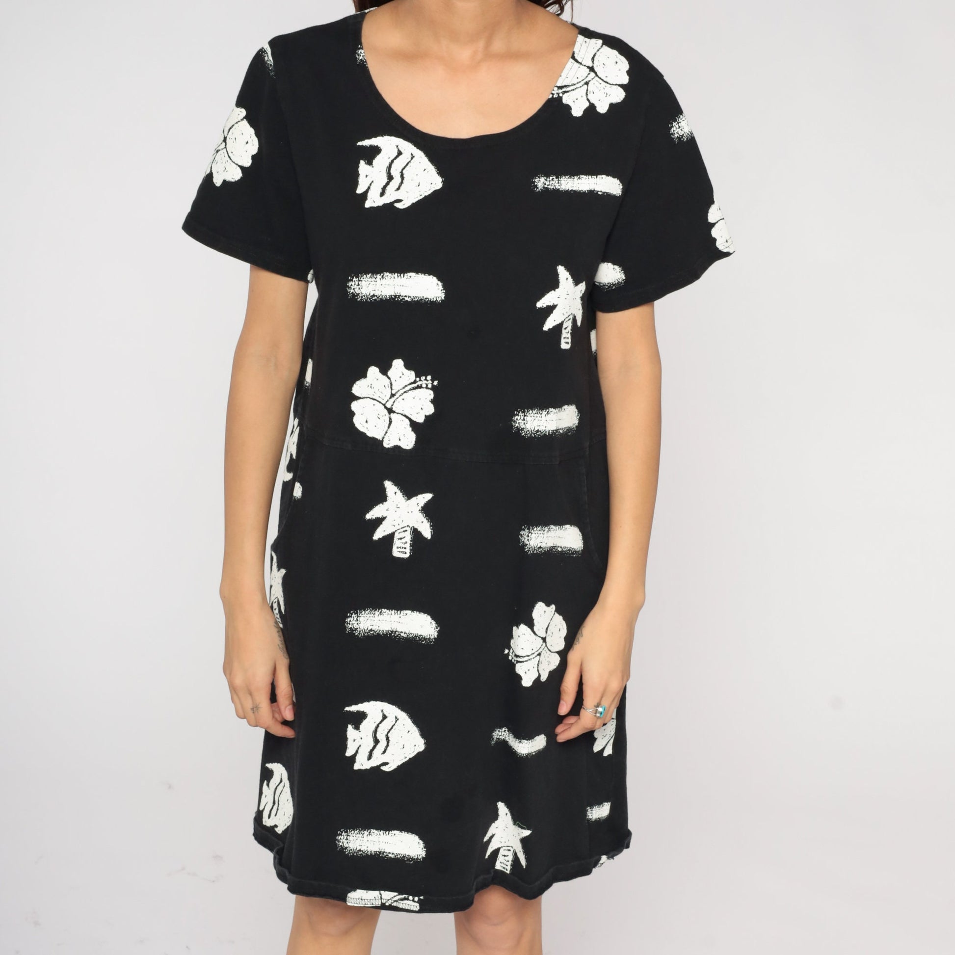Y2K Black Tropical Fish Hibiscus Mini Shift Dress Short Sleeve Medium M