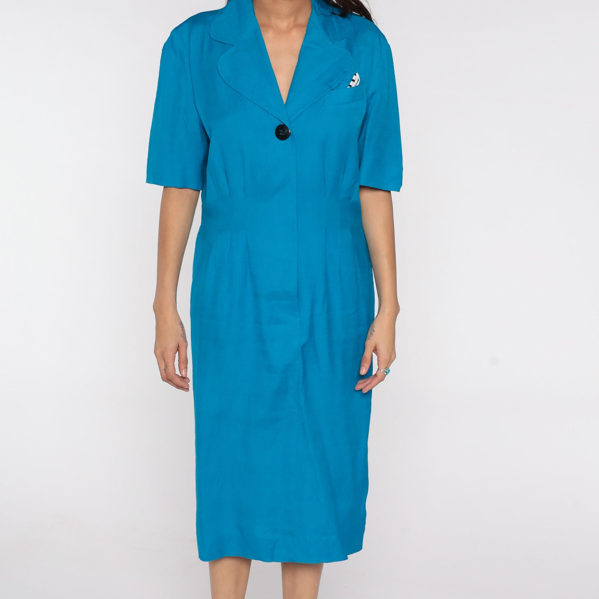 80s Liz Claiborne Blue Linen Midi Dress High Waist Notched Collar Medium