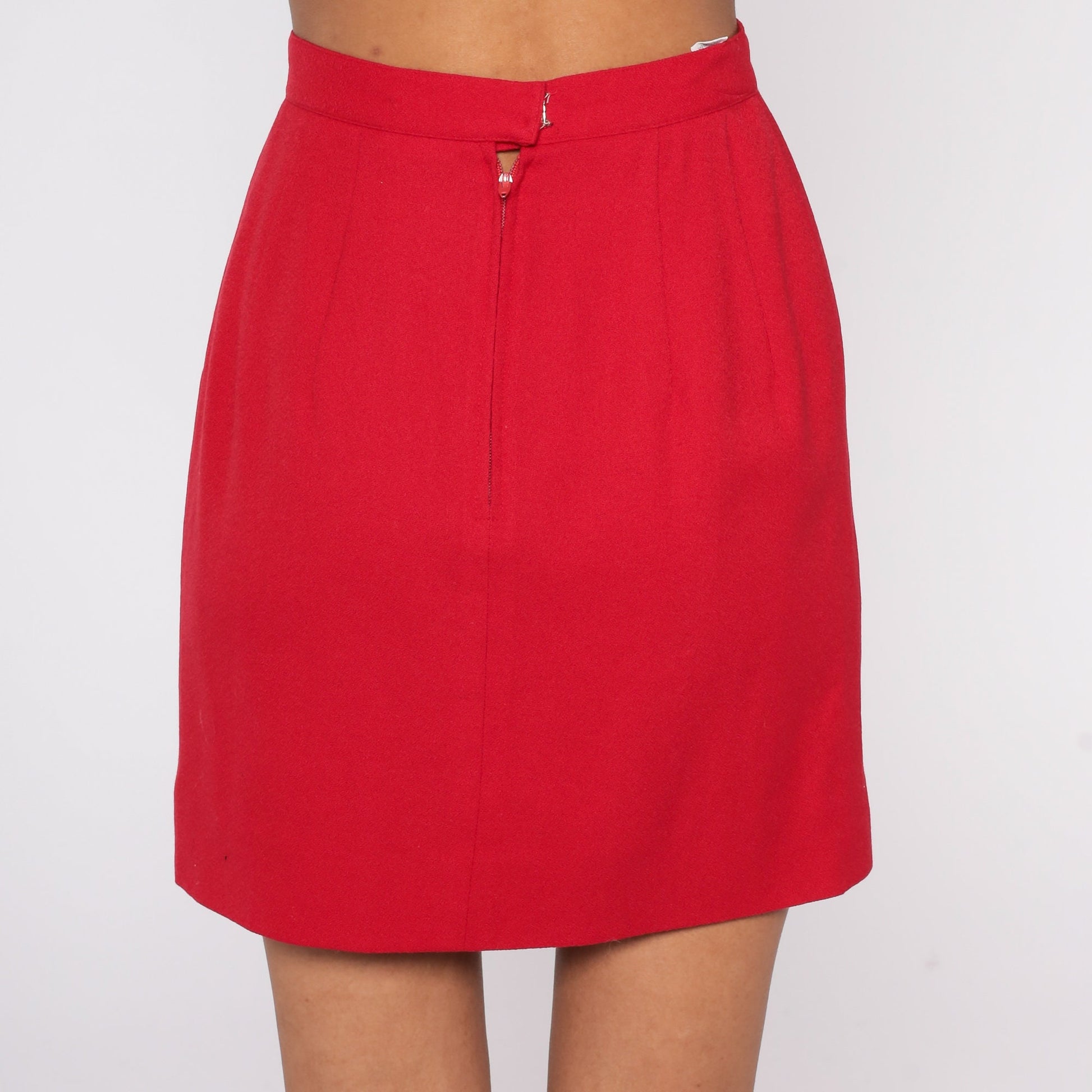 80s I Magnin Red Wool Pencil Skirt High Waist Mini Small
