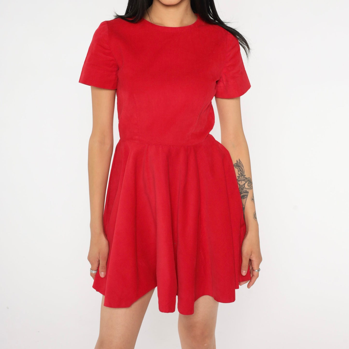 80s Red Corduroy Mini Dress High Waist Short Sleeve Fit Flare Small S