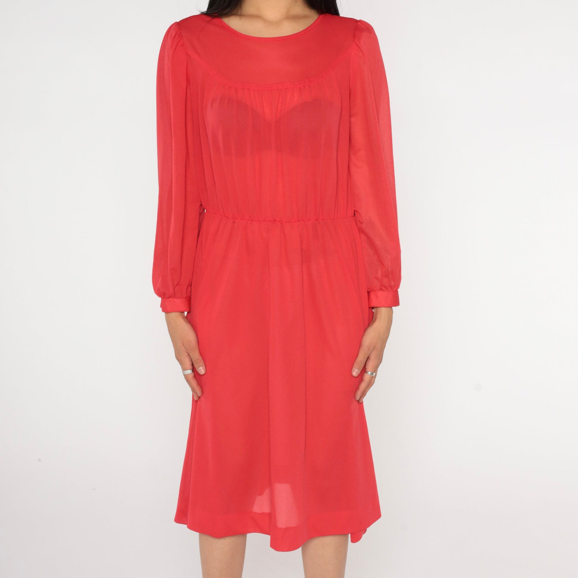 70s Red Sheer Midi Dress Puff Sleeve High Waist Long Sleeve Small Medium