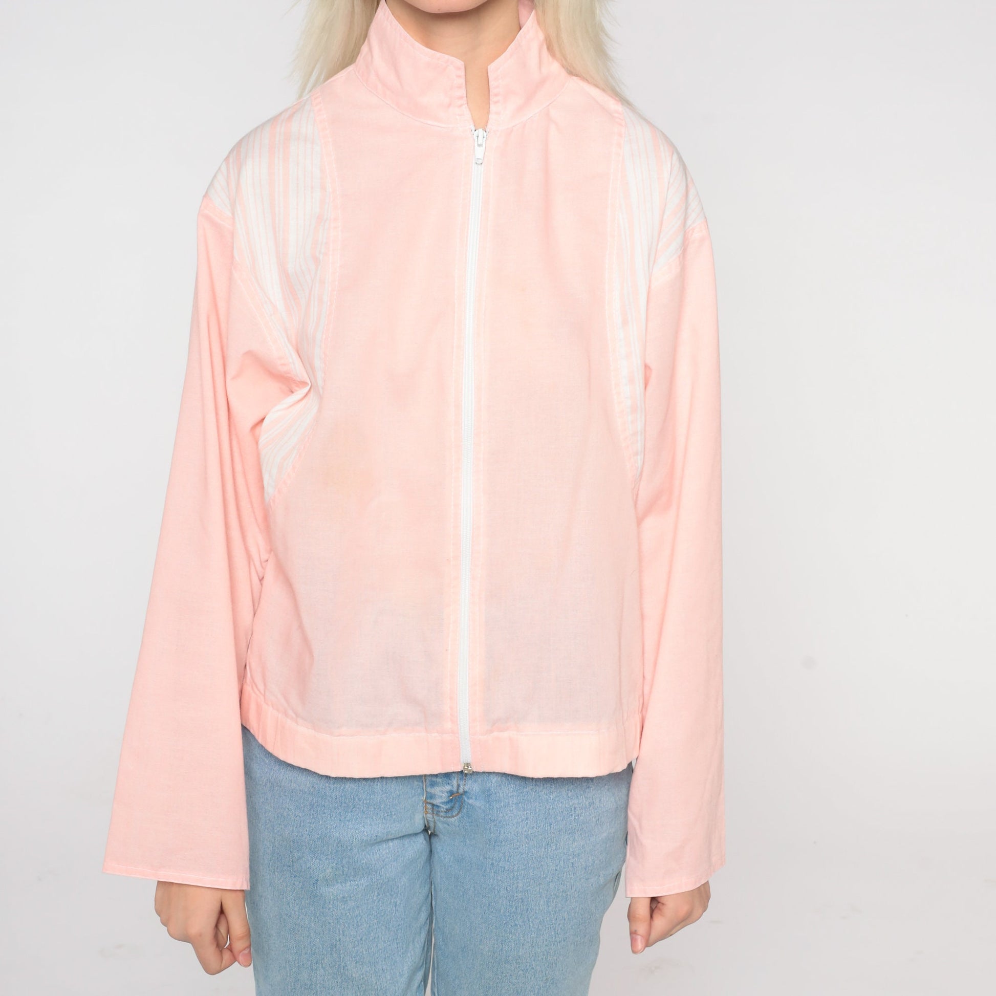 80s Baby Pink Windbreaker Jacket Striped Shoulder Zip-Up Small