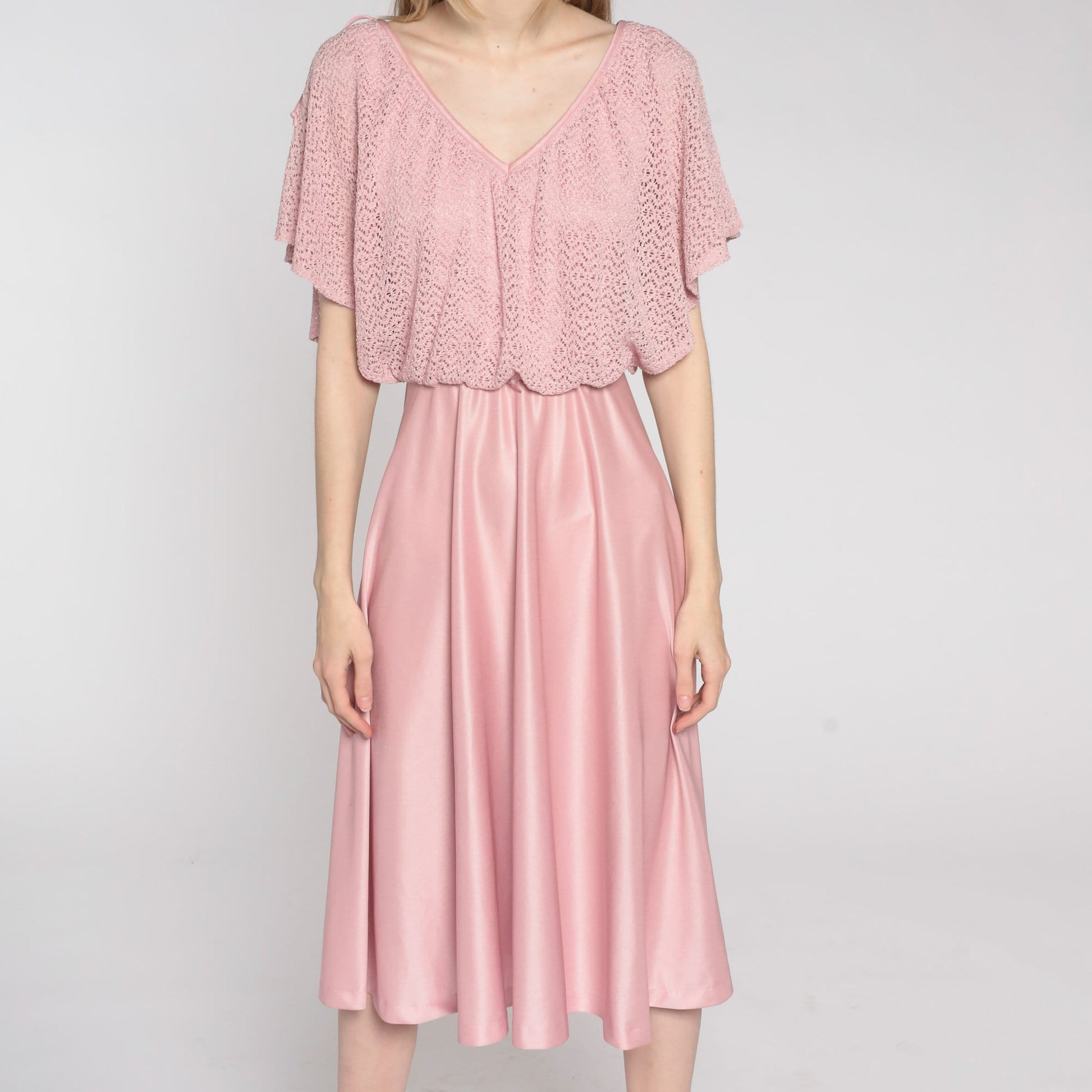 70s Pink Crochet Midi Dress Flutter Sleeve High Waist V Neck Small