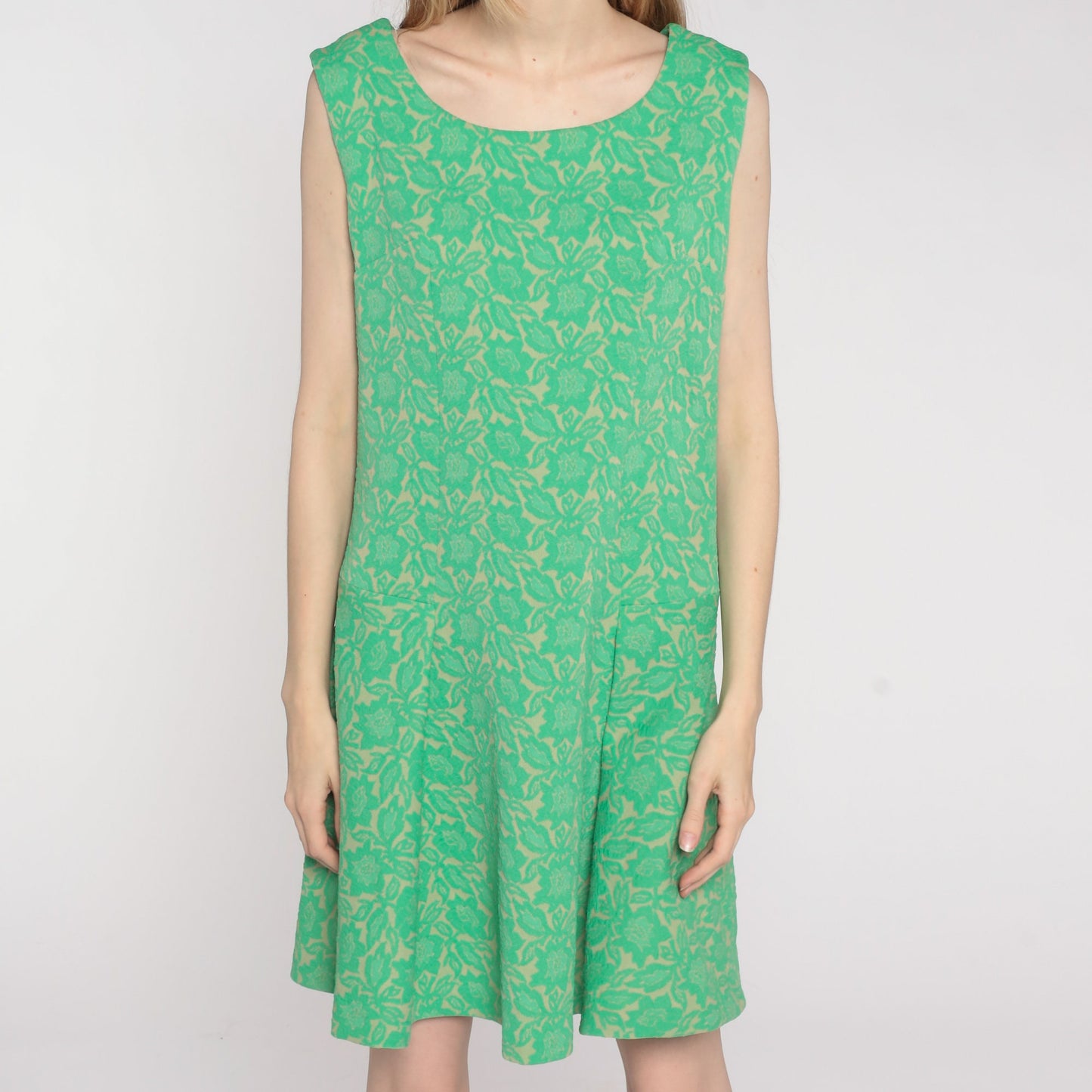 60s Floral Mini Dress Green Drop Waist Pleated Sleeveless Mod Medium Large