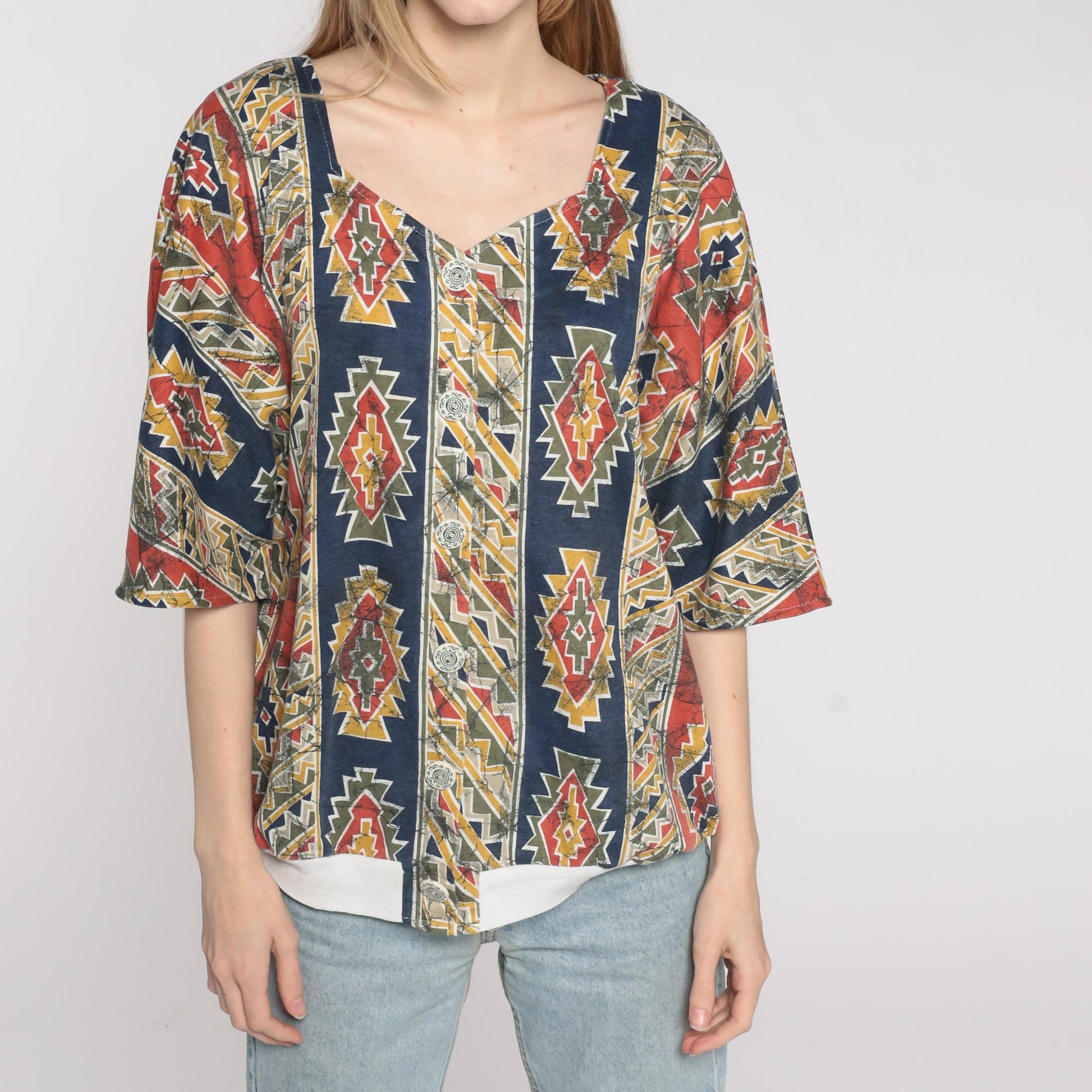90s Southwestern Aztec Print Button Up Blouse Blue Red Striped Plus Size XXL