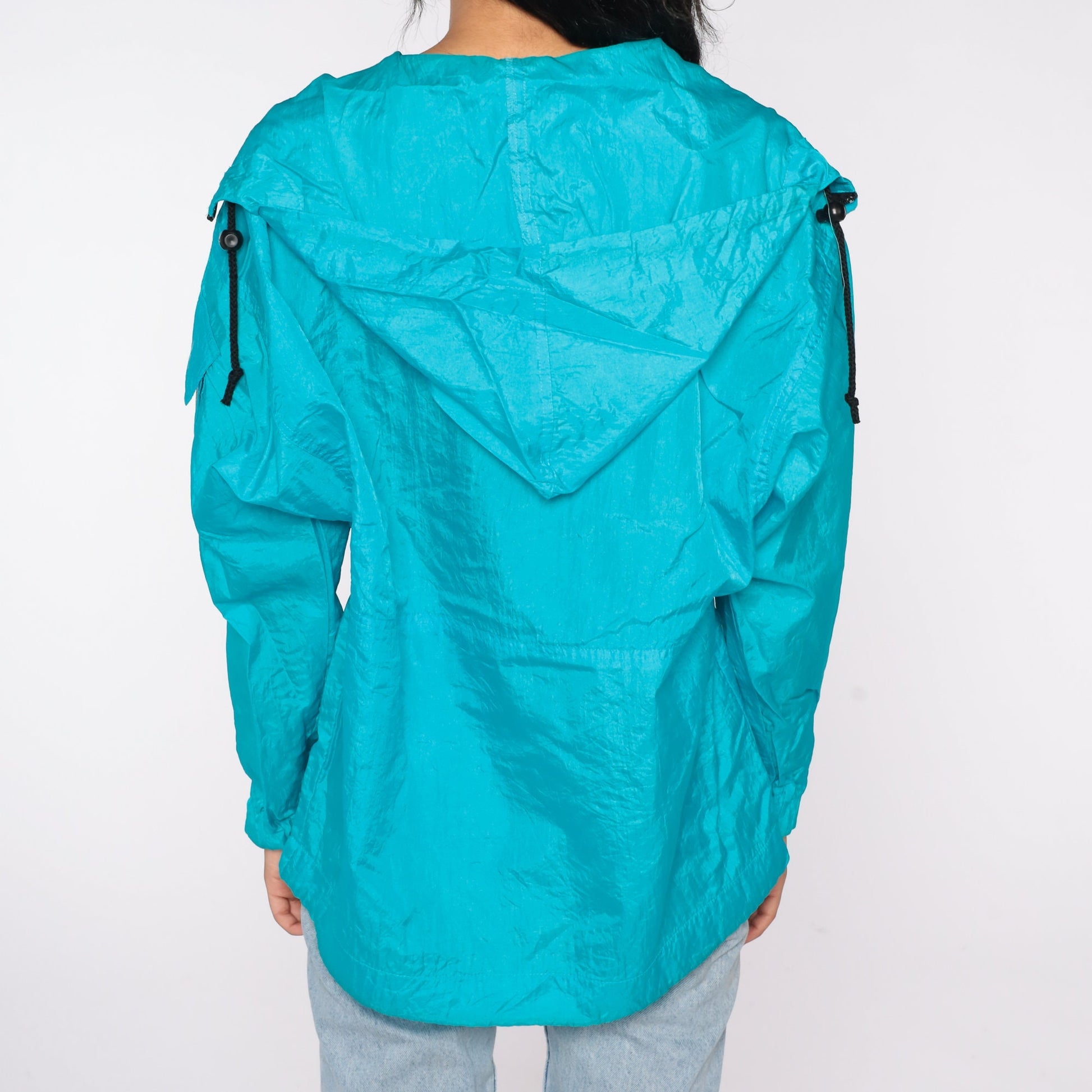 90s Turquoise Shiny Windbreaker Jacket Quarter Zip Hood Red Pepper Medium M