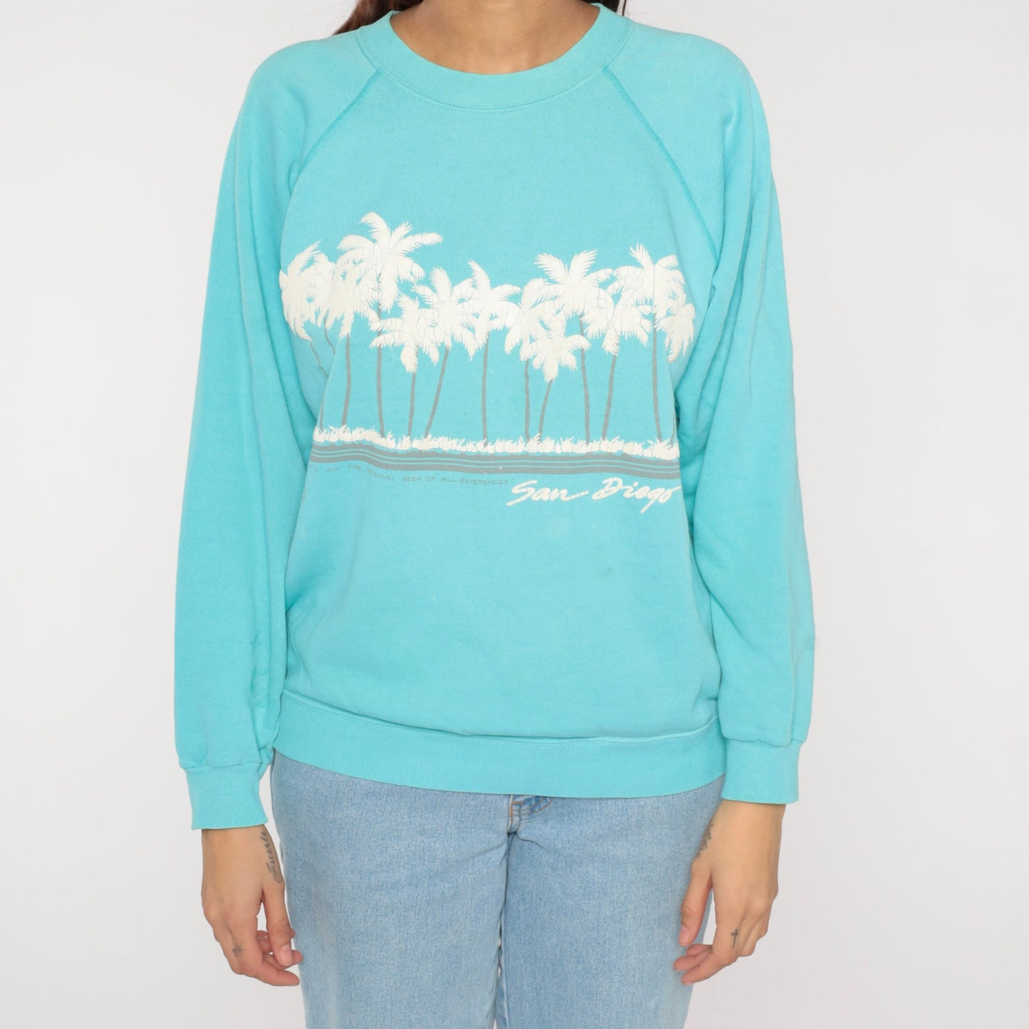 90s San Diego Palm Tree Sweatshirt Turquoise Raglan Crewneck Medium M