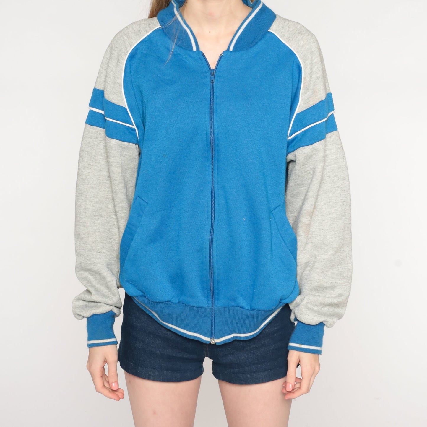 80s Blue Grey Striped Track Jacket Raglan Zip Warmup Medium
