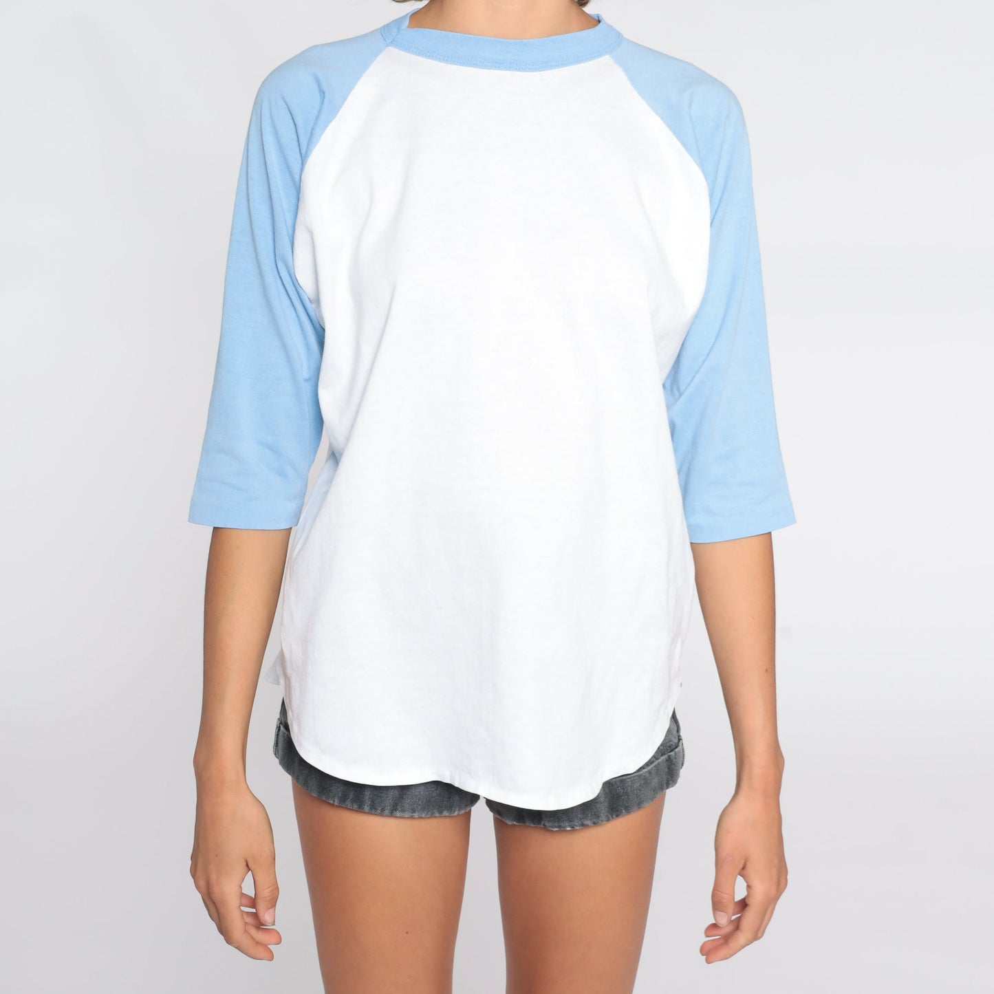 80s USS Independence CV-62 Navy Baseball Tee Baby Blue Graphic Large