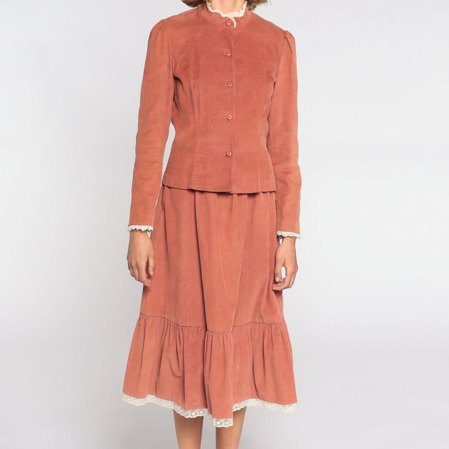 80s Corduroy Two Piece Set Brown Midi Skirt Puff Sleeve Blouse Small