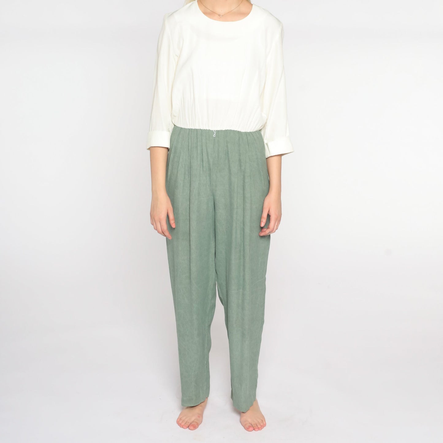 80s White Green Two-Tone Tapered Jumpsuit Acetate Rayon Medium M