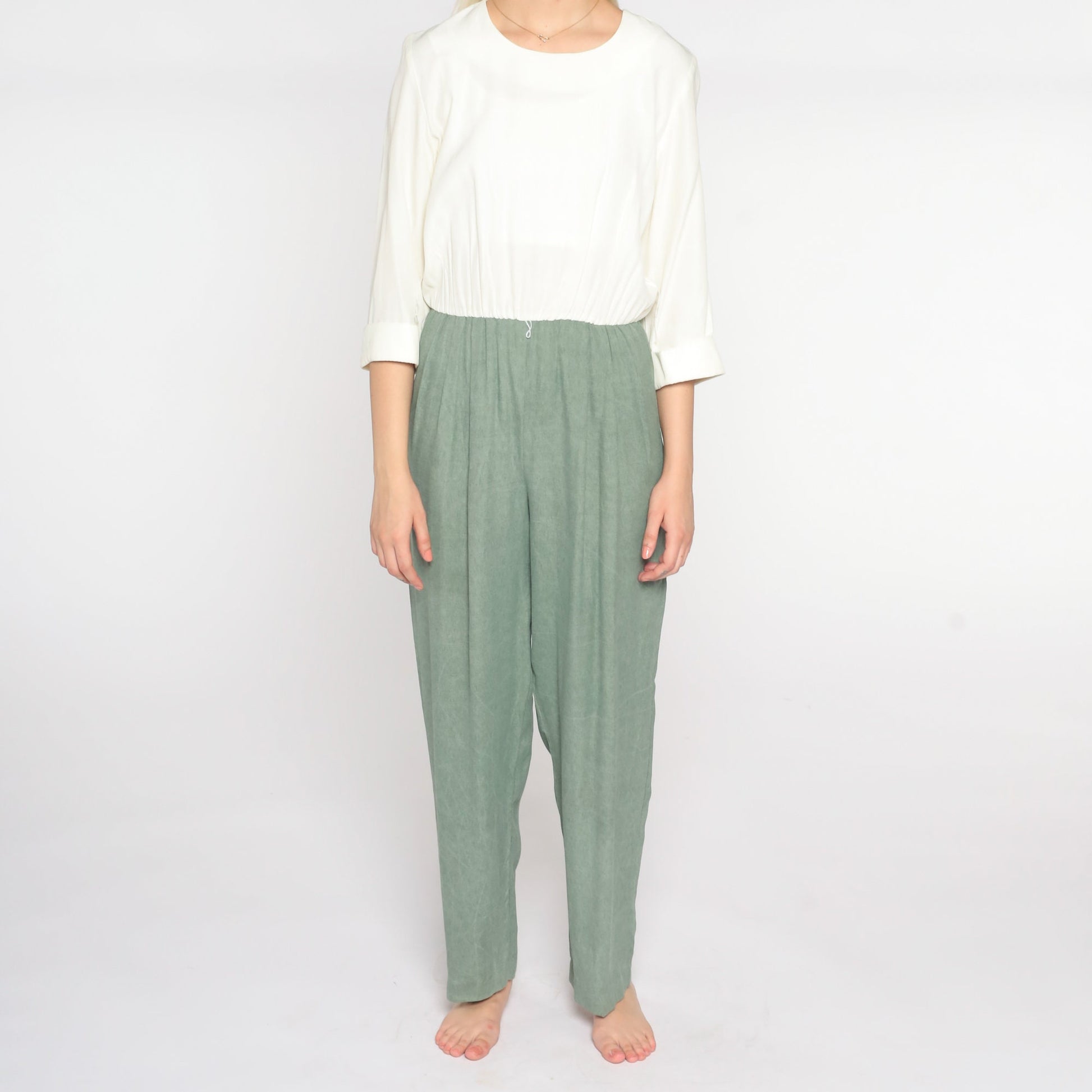 80s White Green Two-Tone Tapered Jumpsuit Acetate Rayon Medium M