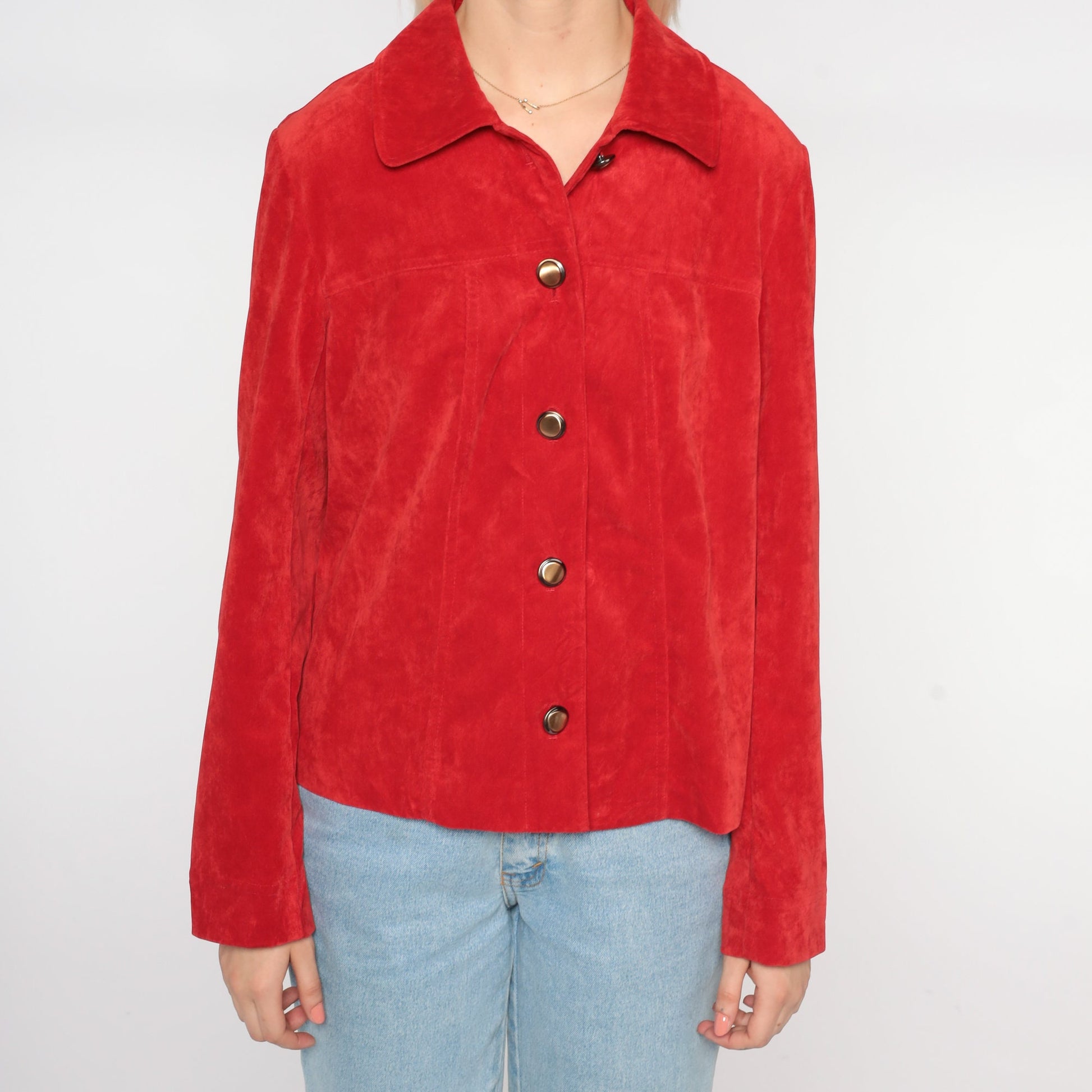 90s Red Button-Up Jacket Collared Lightweight Preppy Medium M