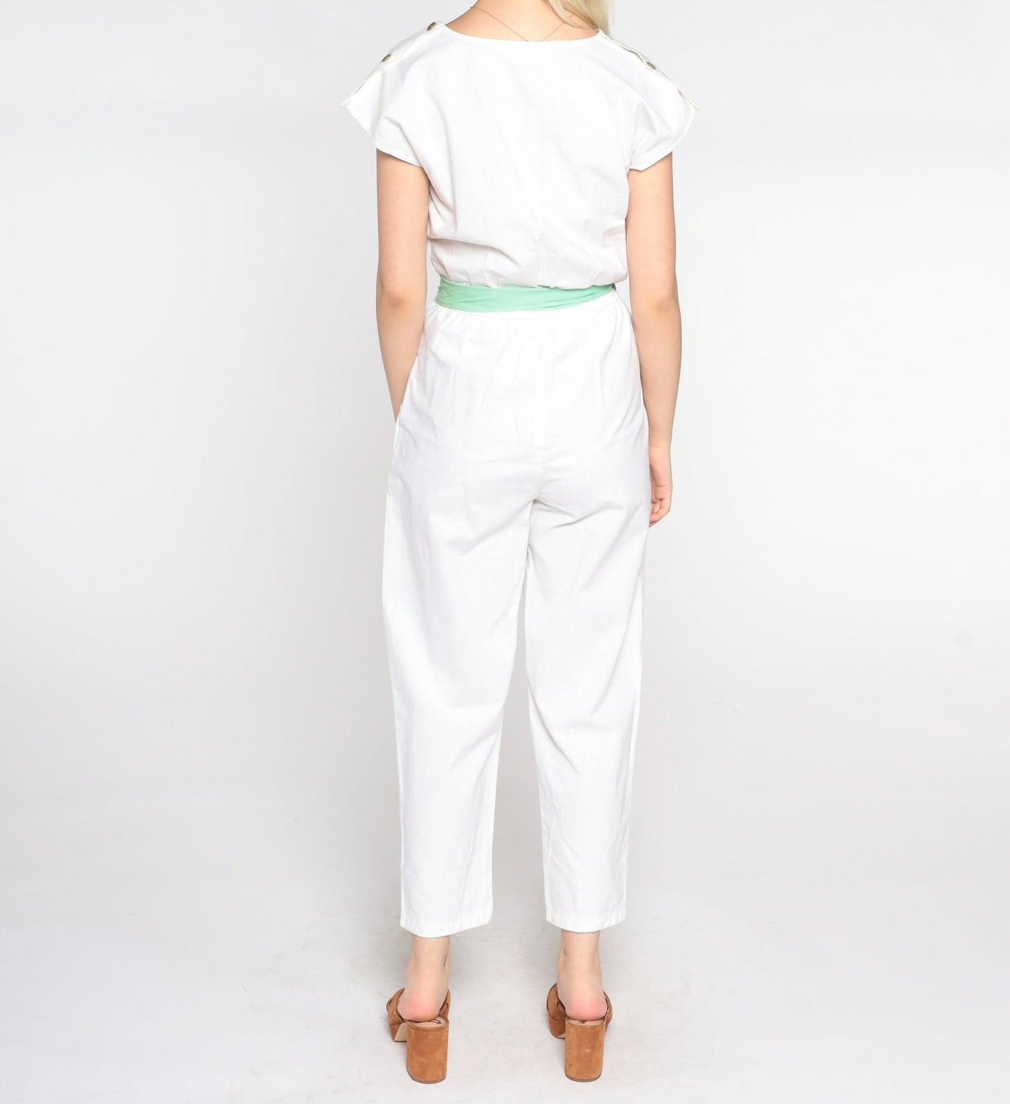 80s White Floral Embroidered Jumpsuit High Waist Tapered Leg Cap Sleeve Medium