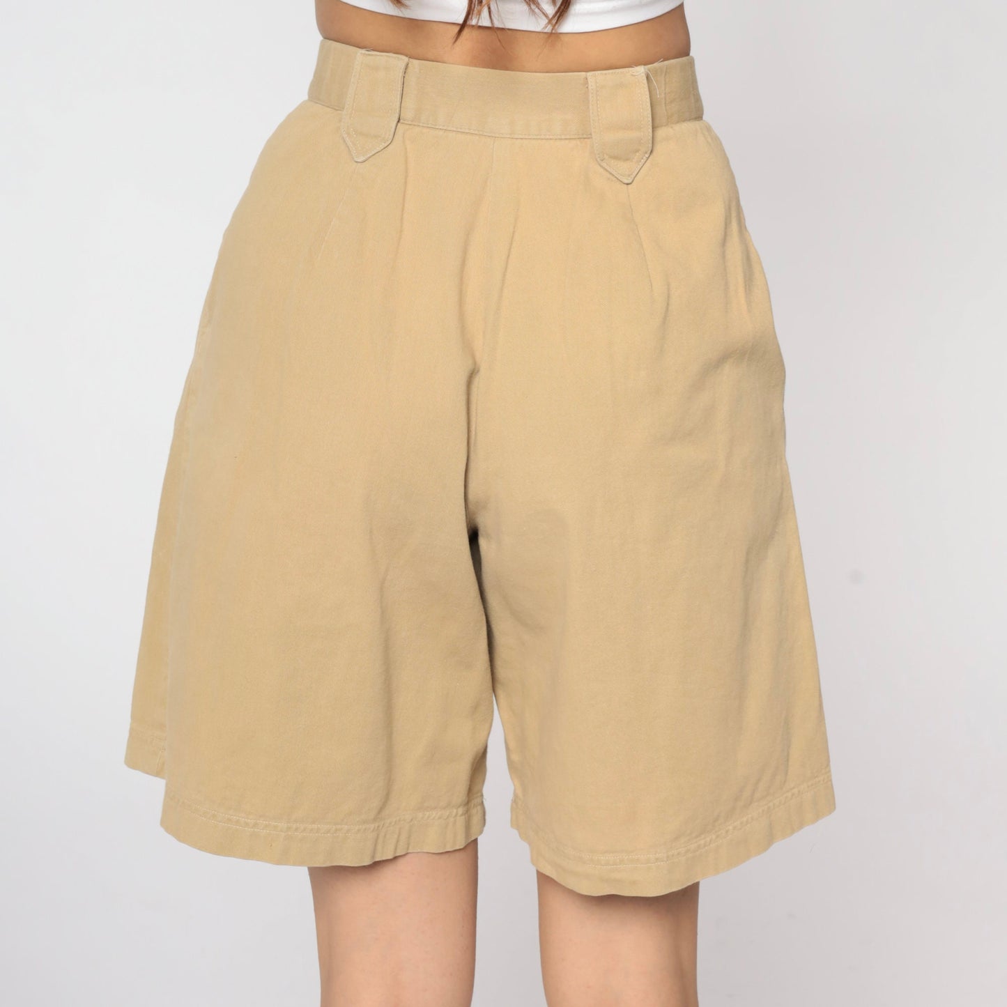 90s Khaki Pleated Bermuda Shorts High Waisted Wide Leg Cotton Small