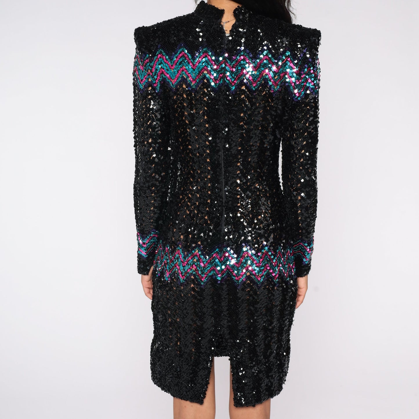 80s Black Sequin Dress Power Shoulders Knee-Length Long Sleeve Small