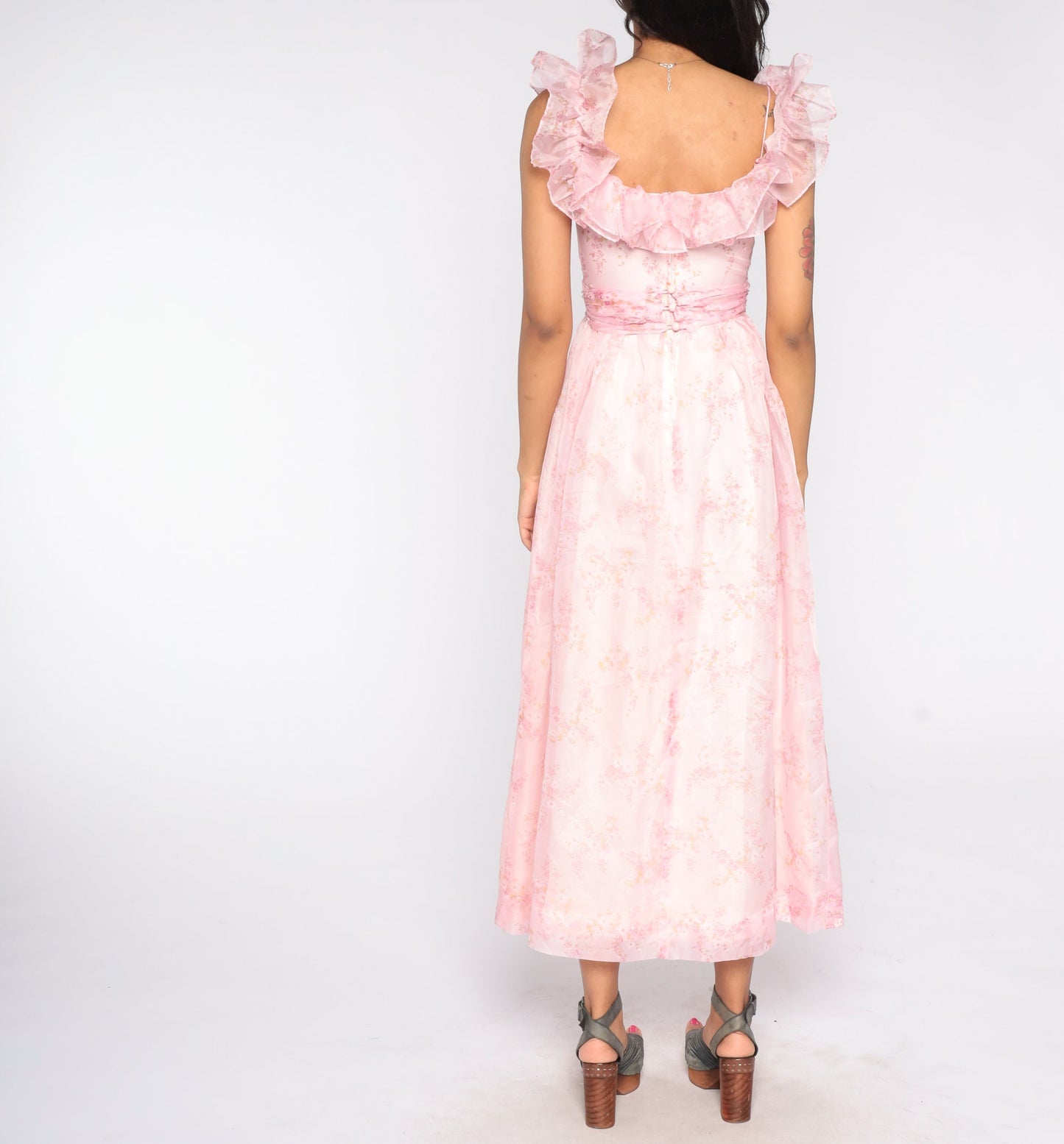 70s Baby Pink Floral Maxi Dress Fitted Bodice High Waist Ruffle Neckline Small