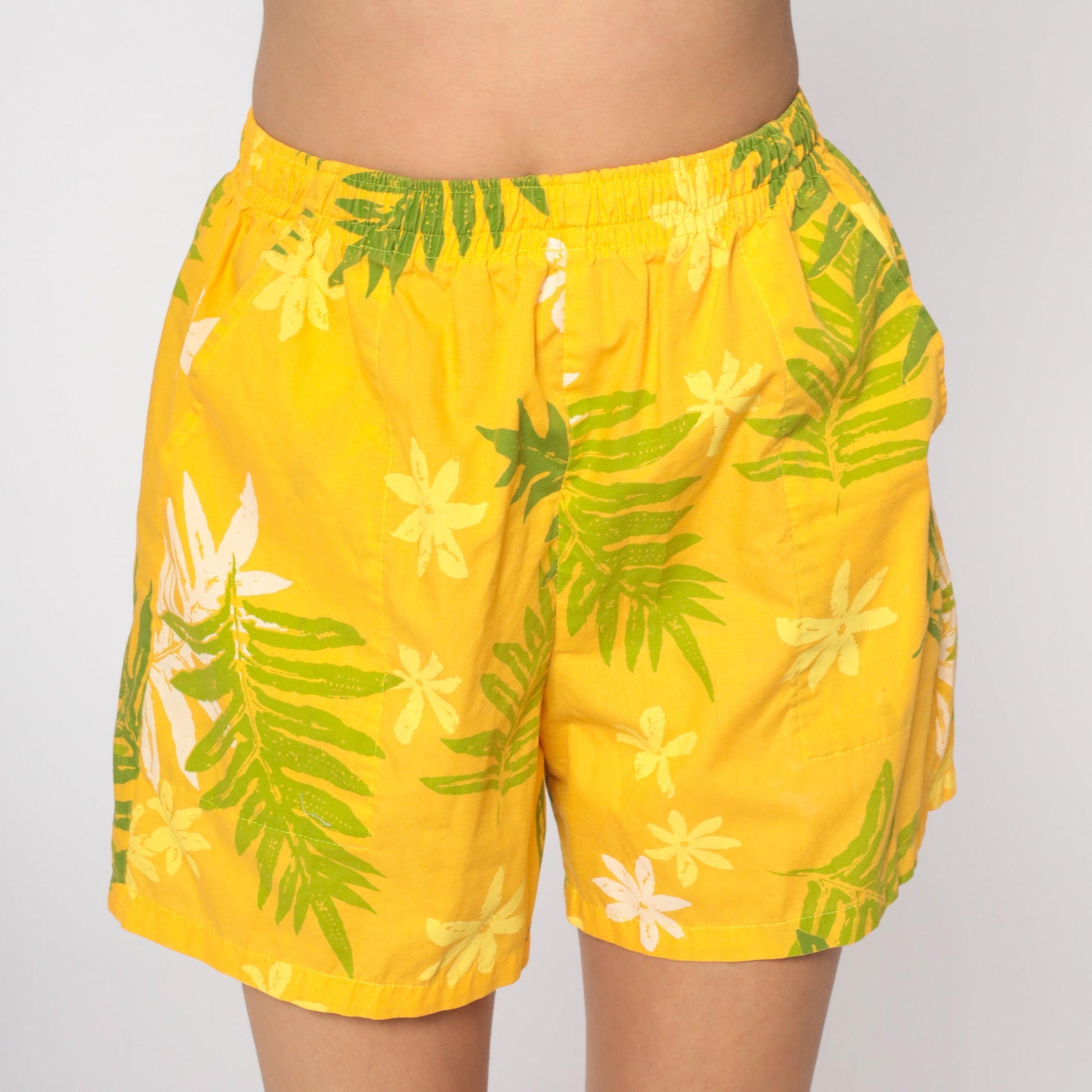90s Yellow Tropical Leaf Floral Shorts High Waist Elastic Small S