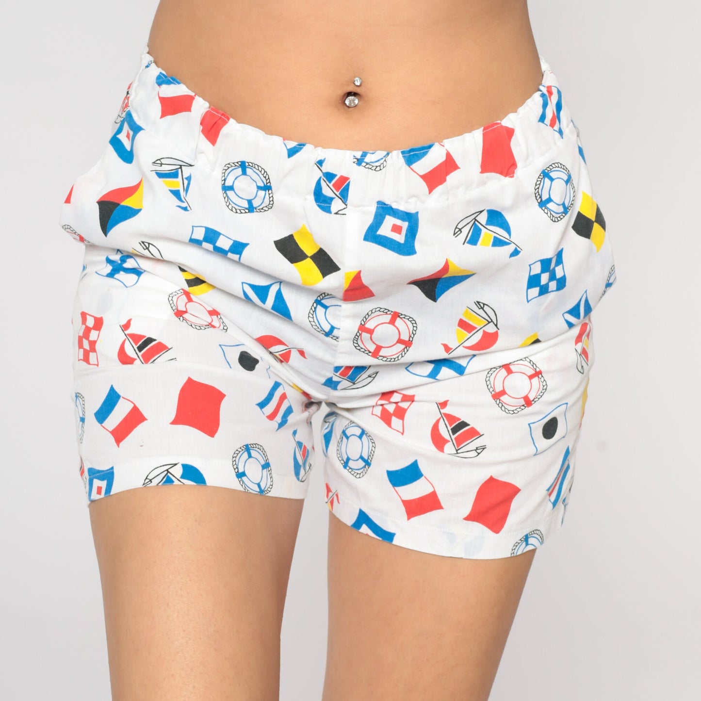 80s Nautical Print White Shorts Elastic Waist High Rise Small
