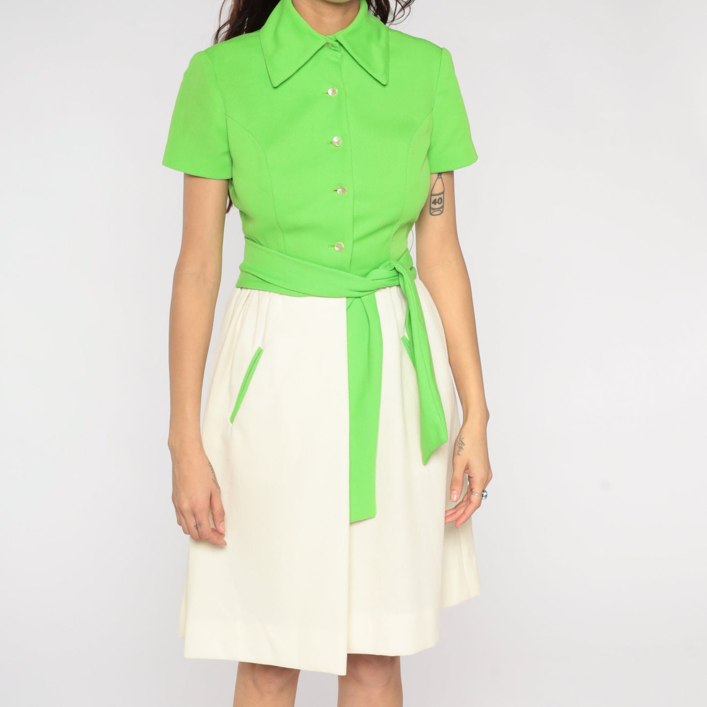 1970s Fred Rothschild Lime Green Mini Dress Pointed Collar Pockets Small