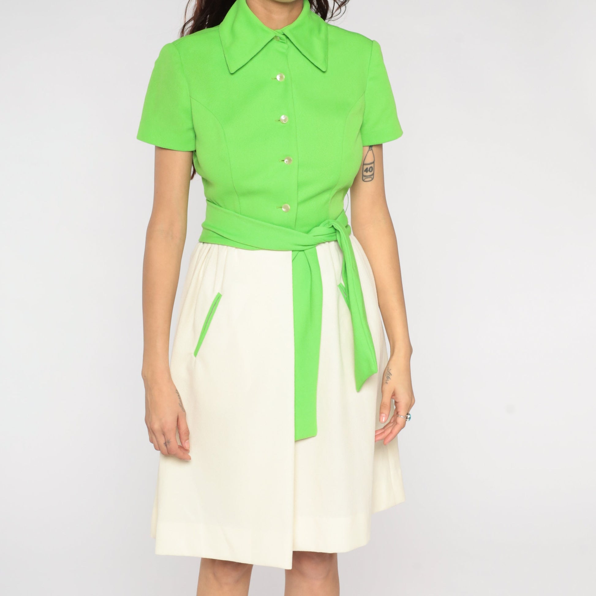 1970s Fred Rothschild Lime Green Mini Dress Pointed Collar Pockets Small