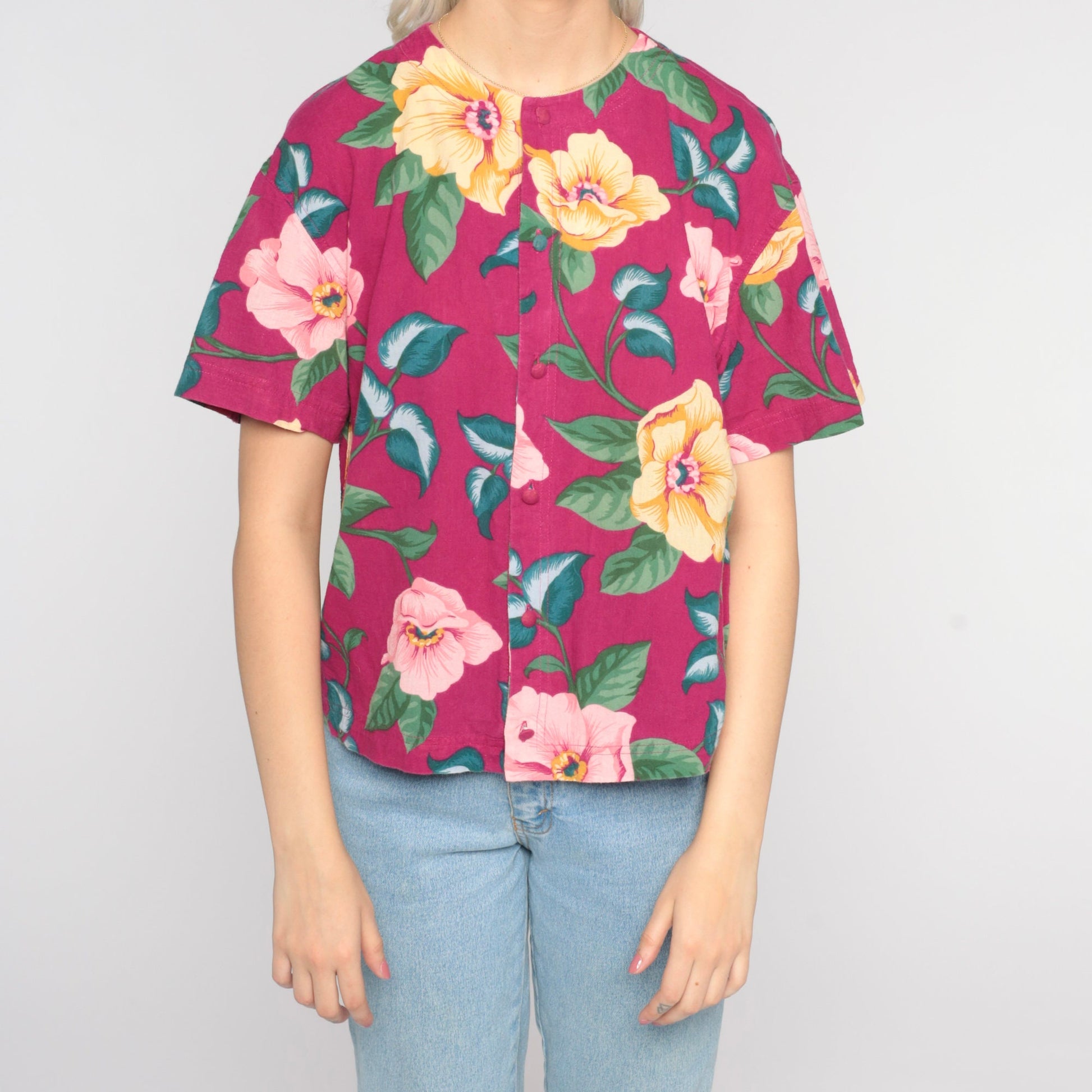 80s Liz Claiborne Floral Button-Up Blouse Dark Pink Cotton Small