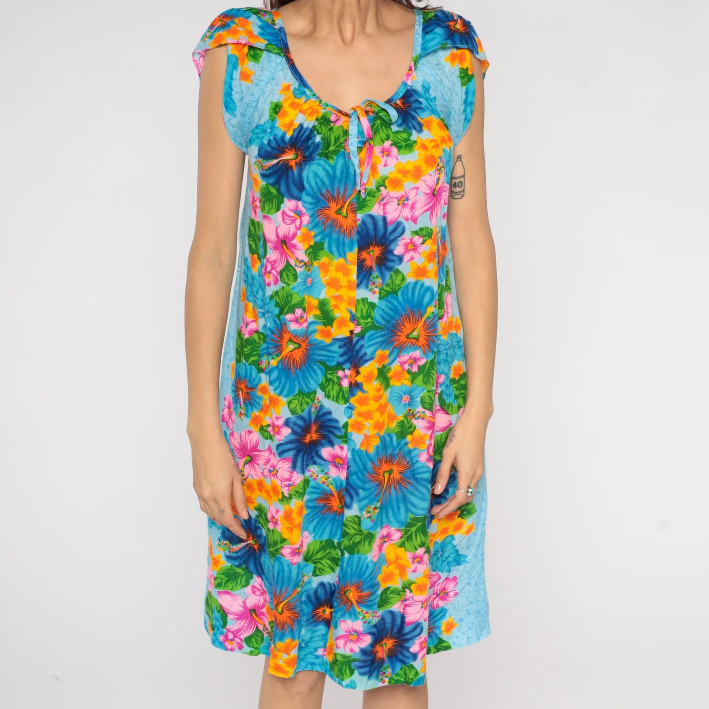 70s Hilo Hatties Hawaiian Shift Dress Blue Floral Tropical Tulip Sleeve Medium