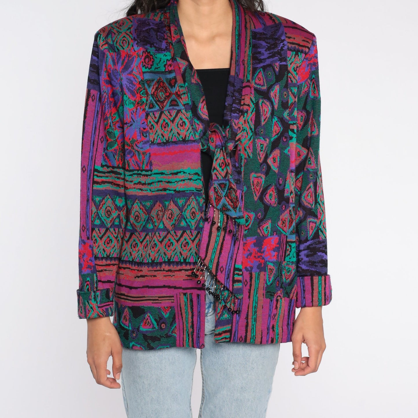 90s Woven Blazer Jacket Abstract Tapestry Tie Front Beaded Large L