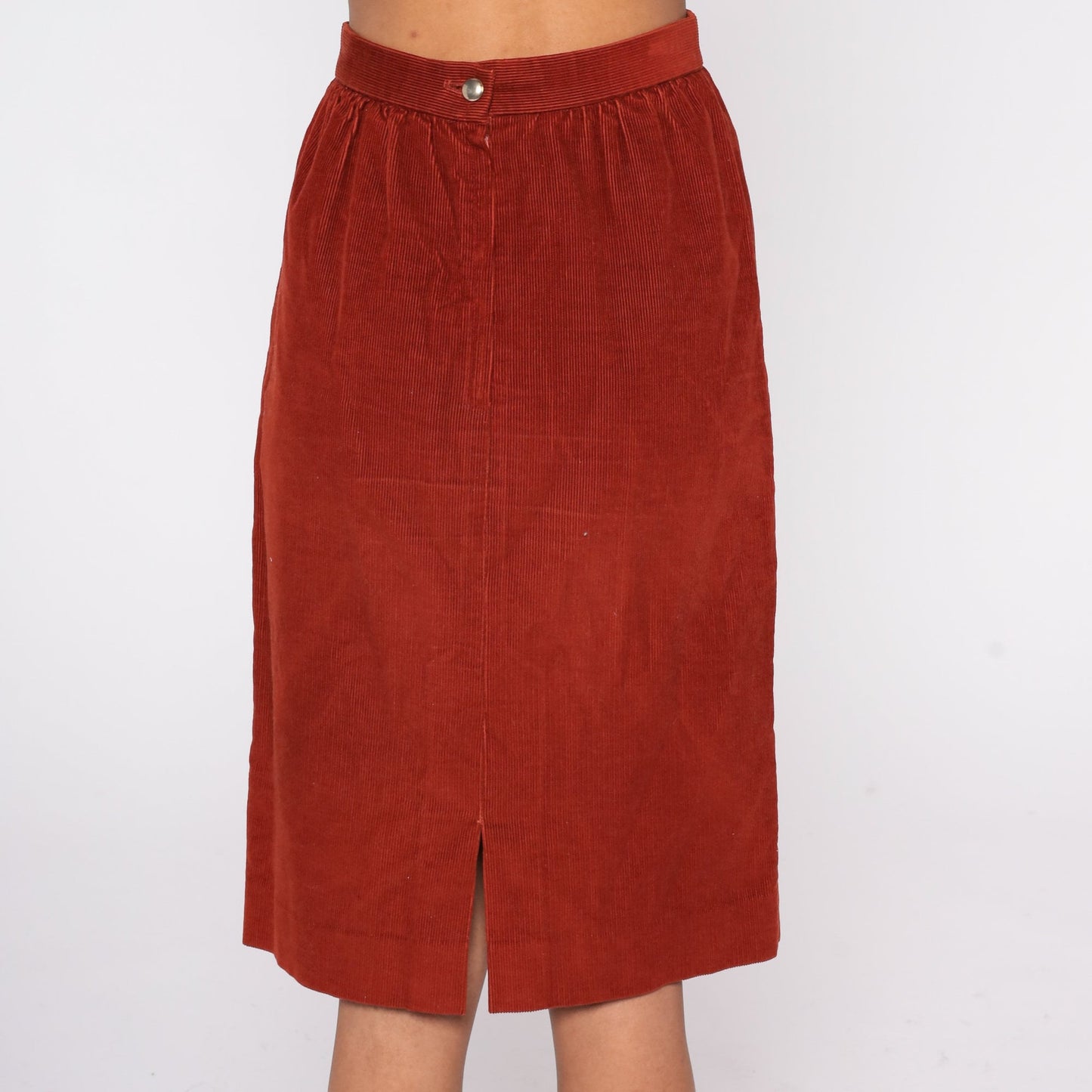 80s Rust Orange Corduroy Pencil Midi Skirt High Waist Small
